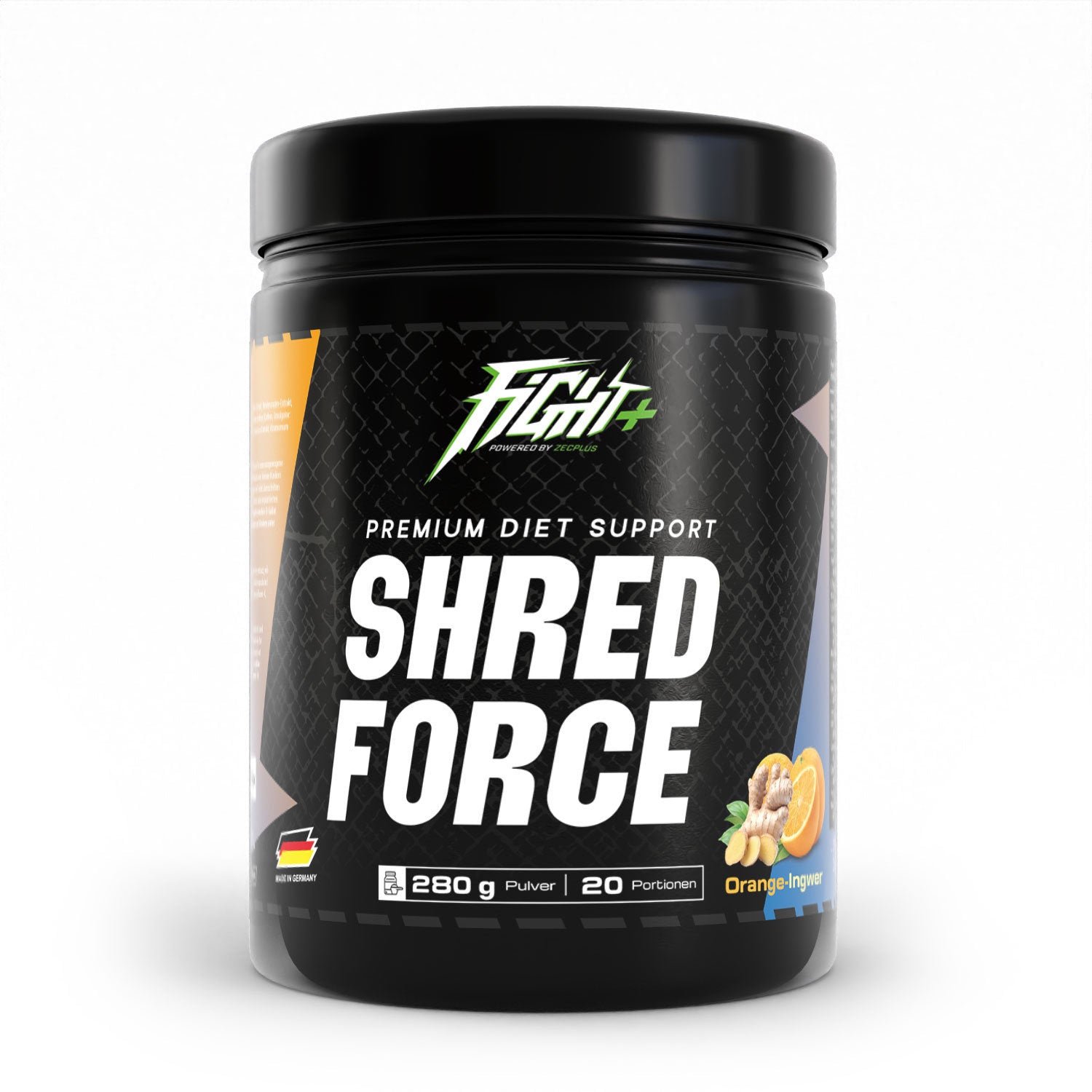 Fightplus Shred Force 280g Pulver Orange Ingwer Vorderseite schwarze Kunststoffdose