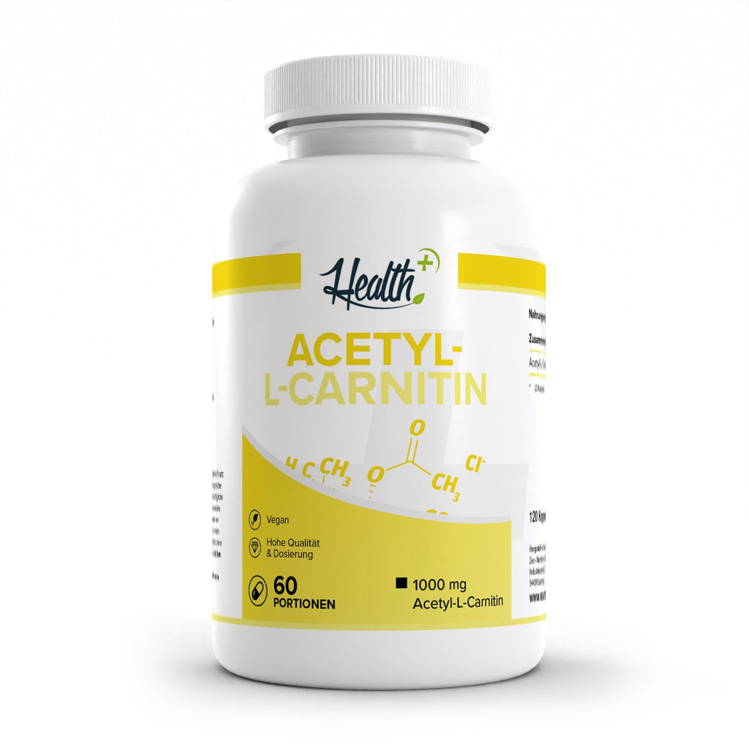 Healthplus Acetyl L Carnitin Kapseln 120 Stück Vorderseite weiße Kunststoffdose