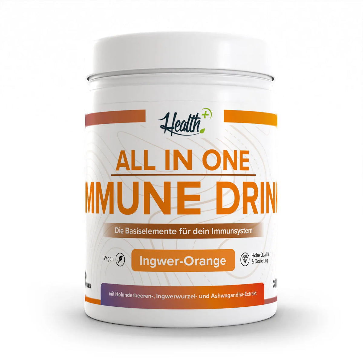 Healthplus All in One Immune Drink Pulver 300g Ingwer Orange Vorderseite weiße Kunststoffdose
