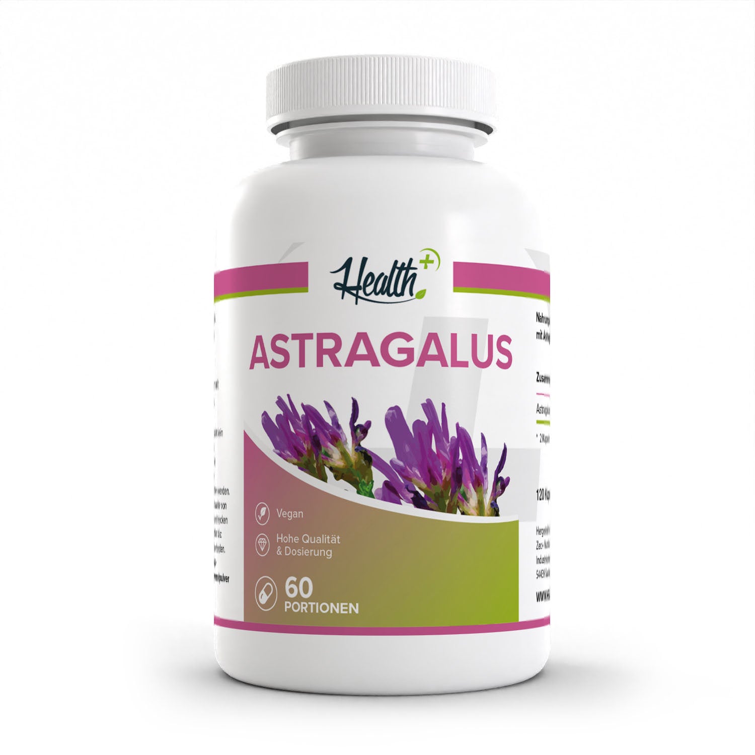 Healthplus Astragalus Kapseln 120 Stück Vorderseite weiße Kunststoffdose