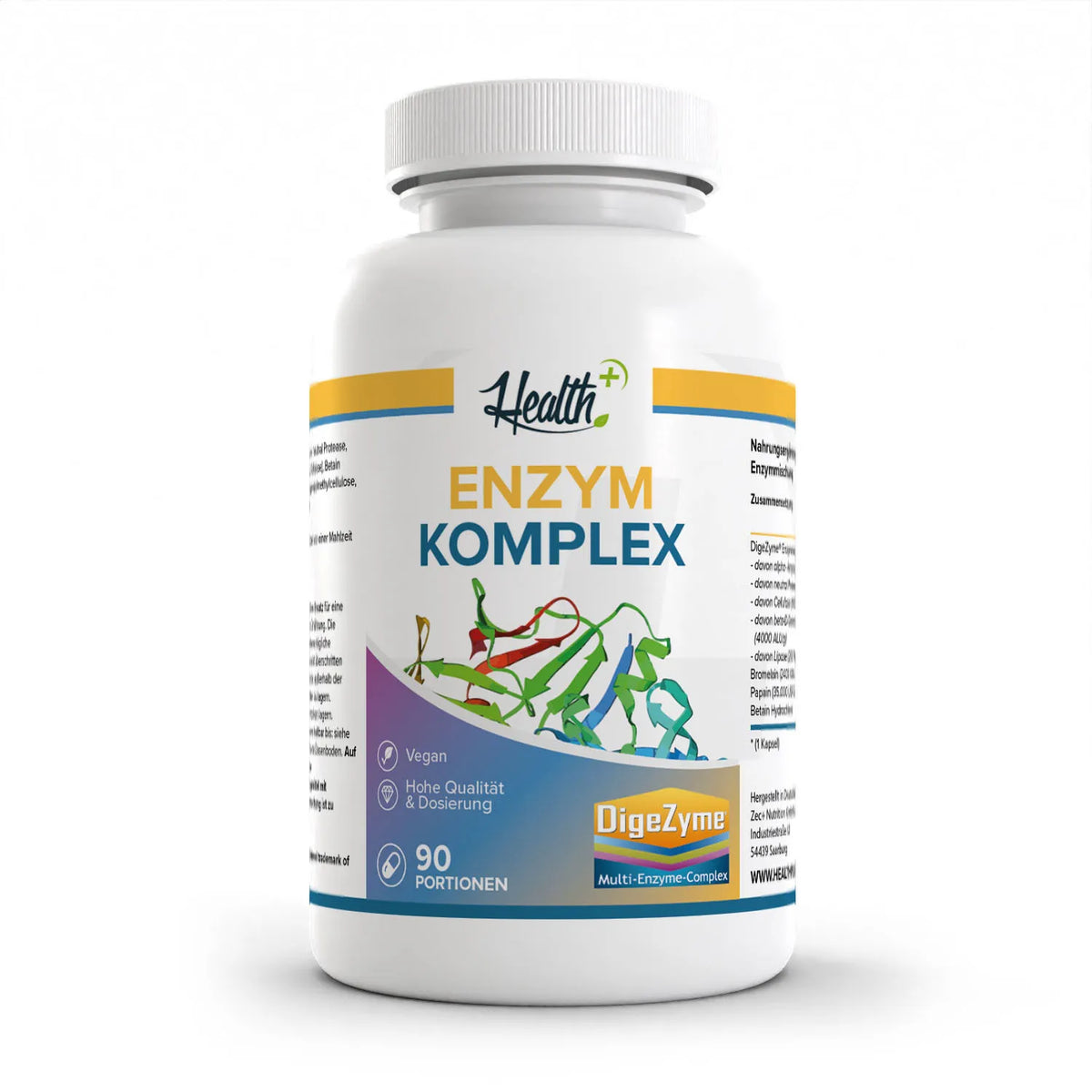 Healthplus Enzym Komplex Kapseln 90 Stück Vorderseite mit DigeZyme Label weiße Kunststoffdose