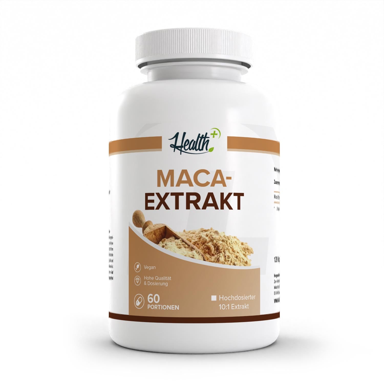 Healthplus Maca 120 Kapseln Vorderseite weiße Kunststoffdose