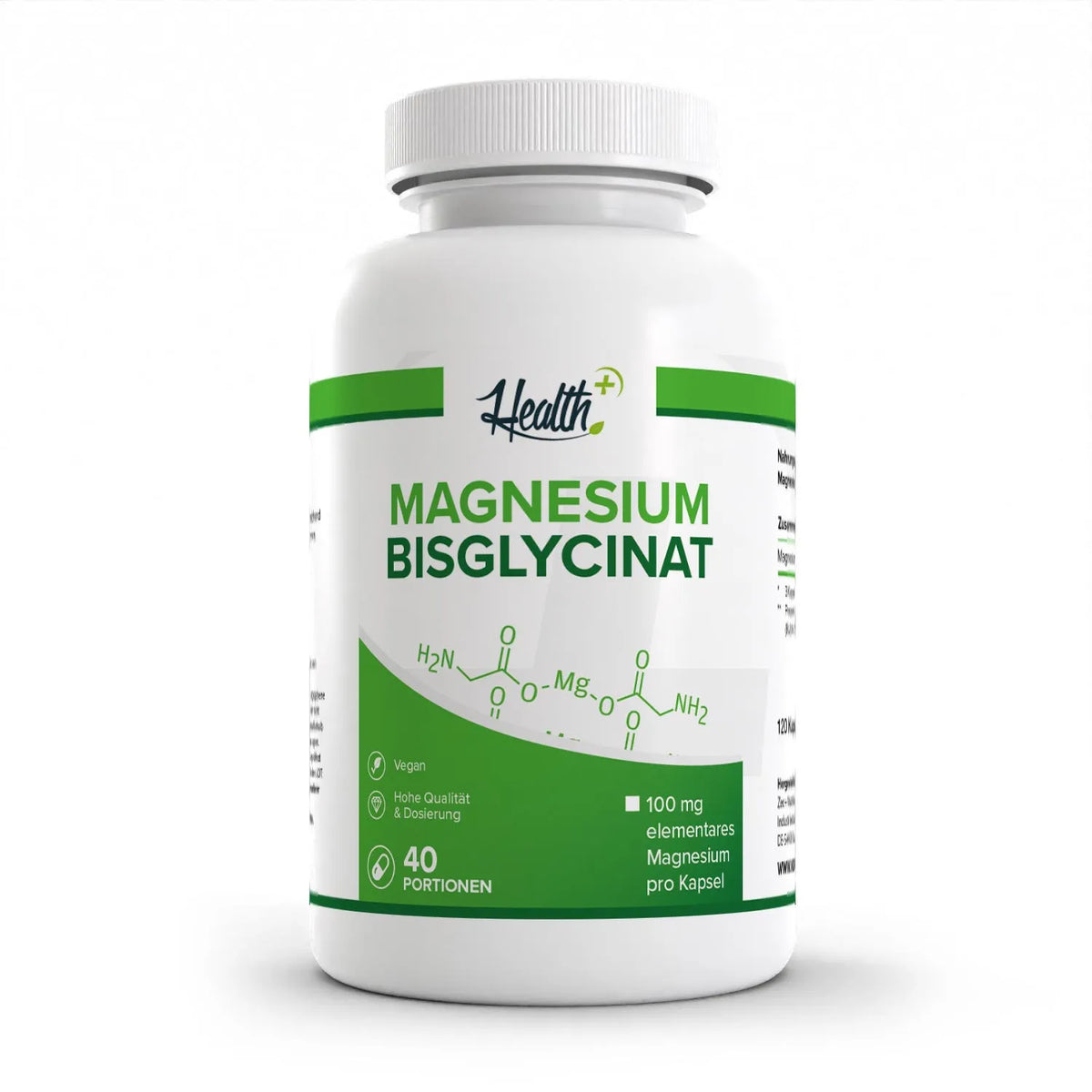 Healthplus Magnesiumbisglycinat 120 Kapseln Vorderseite weiße Kunststoffdose