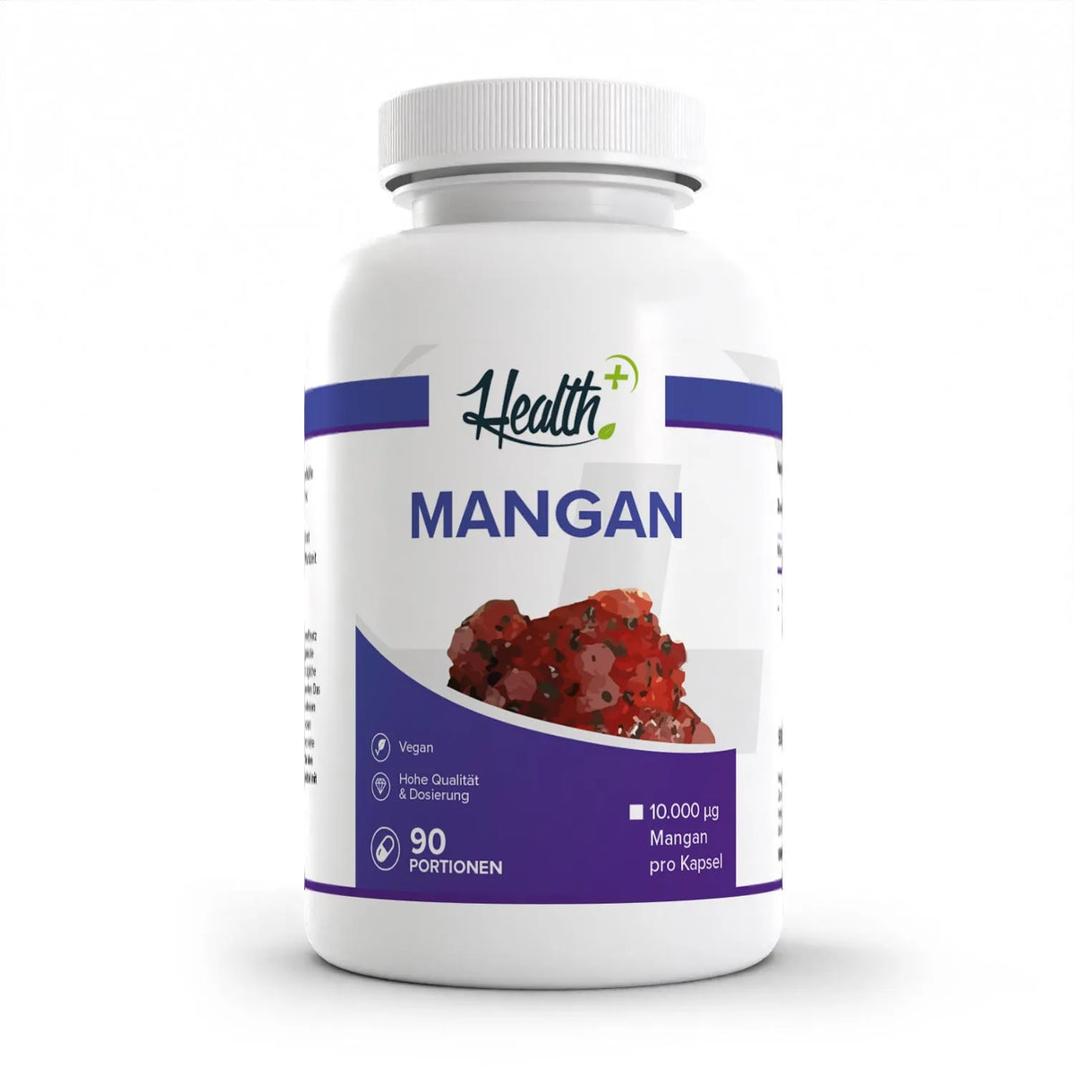 Healthplus Mangan 90 Kapseln Vorderseite weiße Kunststoffdose
