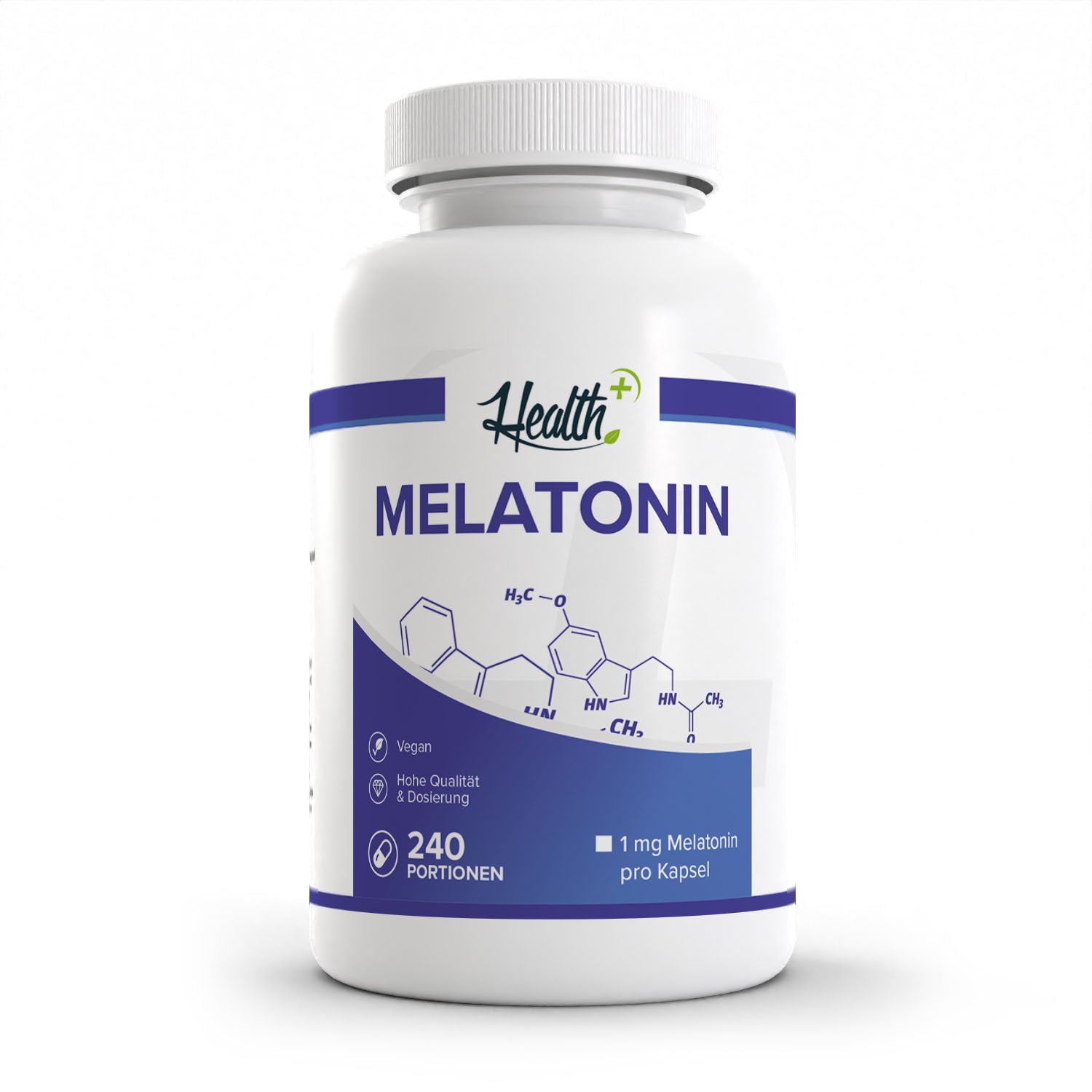 Healthplus Melatonin 240 Kapseln Vorderseite weiße Kunststoffdose