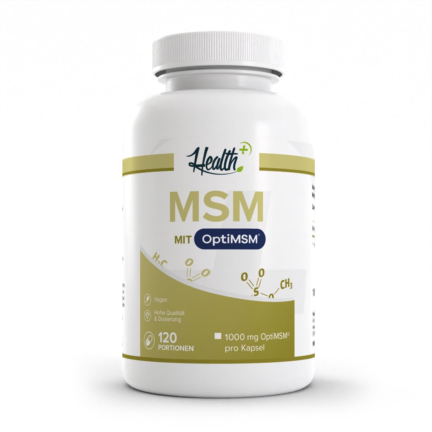 Healthplus MSM Methylsulfonylmethan 120 Kapseln Vorderseite weiße Kunststoffdose