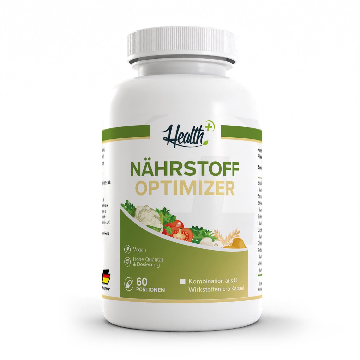 Healthplus Nährstoff Optimizer 120 Kapseln Vorderseite weiße Kunststoffdose