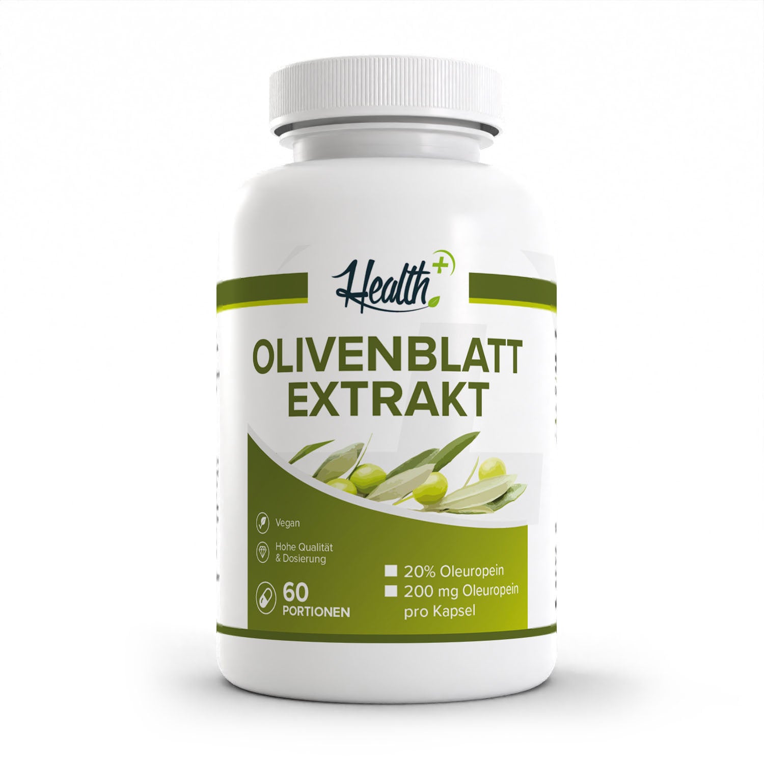 Healthplus Olivenblattextrakt 120 Kapseln Vorderseite weiße Kunststoffdose