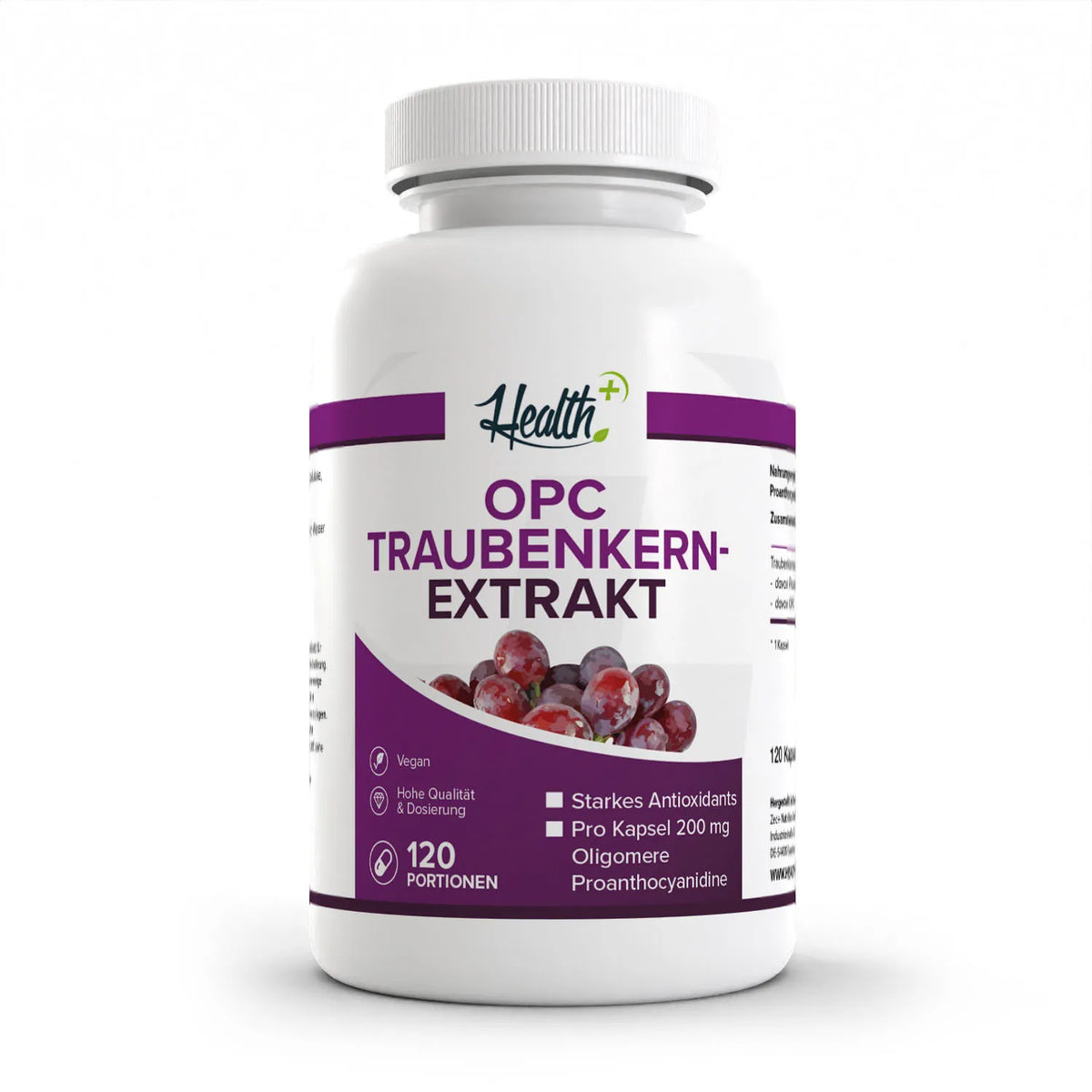 Healthplus Opc Traubenkernextrakt 120 Kapseln Vorderseite weiße Kunststoffdose