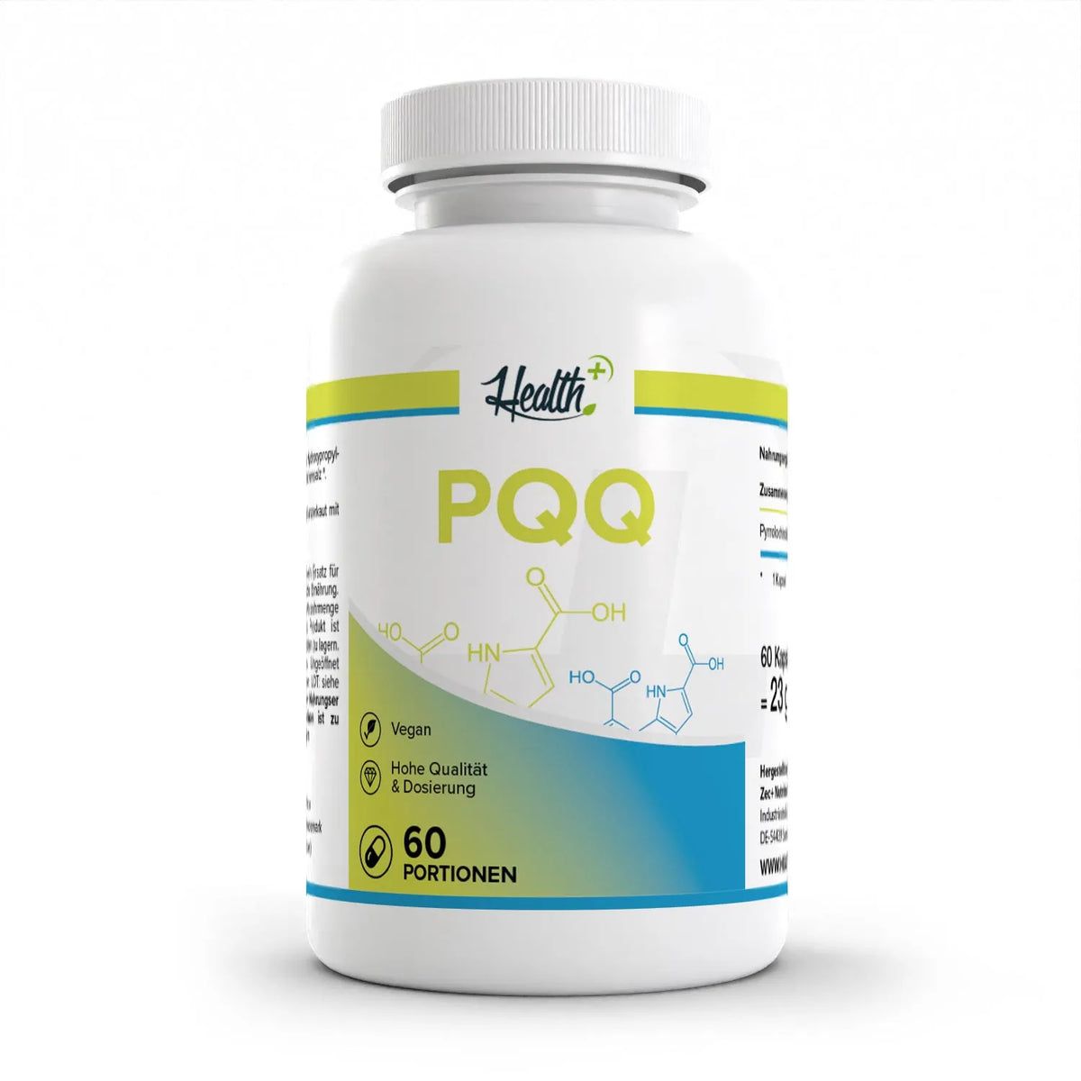 Healthplus PQQ Pyrrolochinolinchinon 60 Kapseln Vorderseite weiße Kunststoffdose
