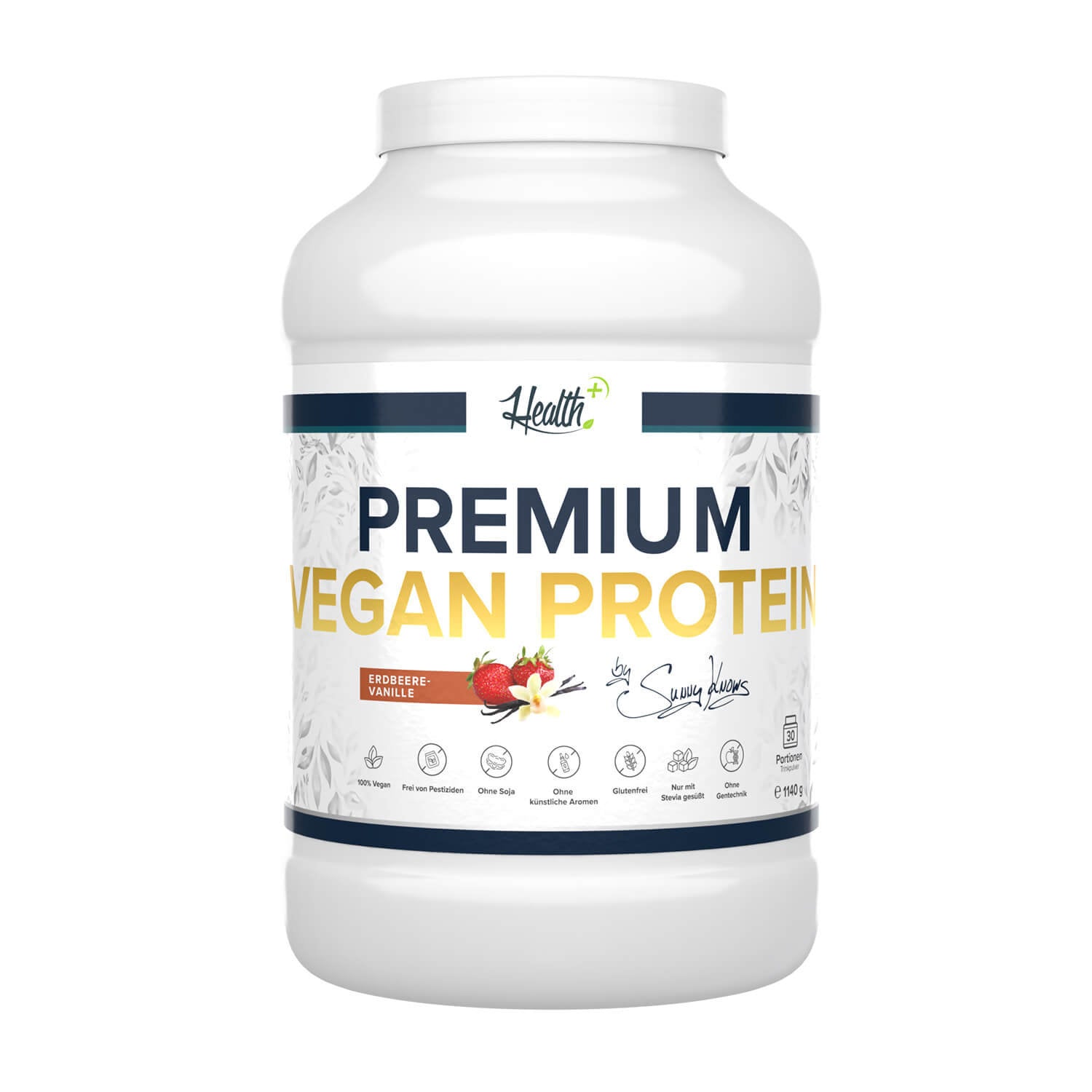 Healthplus Premium Vegan Protein Erdbeere Vanille 1140g Proteinpulver Vorderseite weiße Kunststoffdose