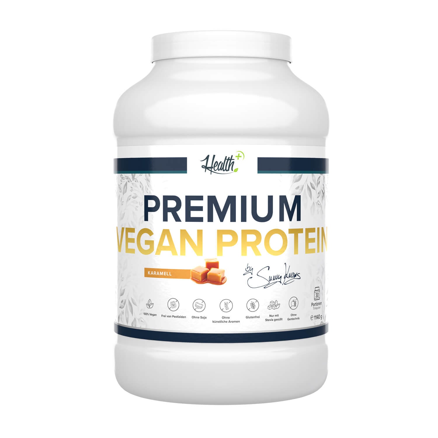Healthplus Premium Vegan Protein Karamell 1140g Proteinpulver Vorderseite weiße Kunststoffdose