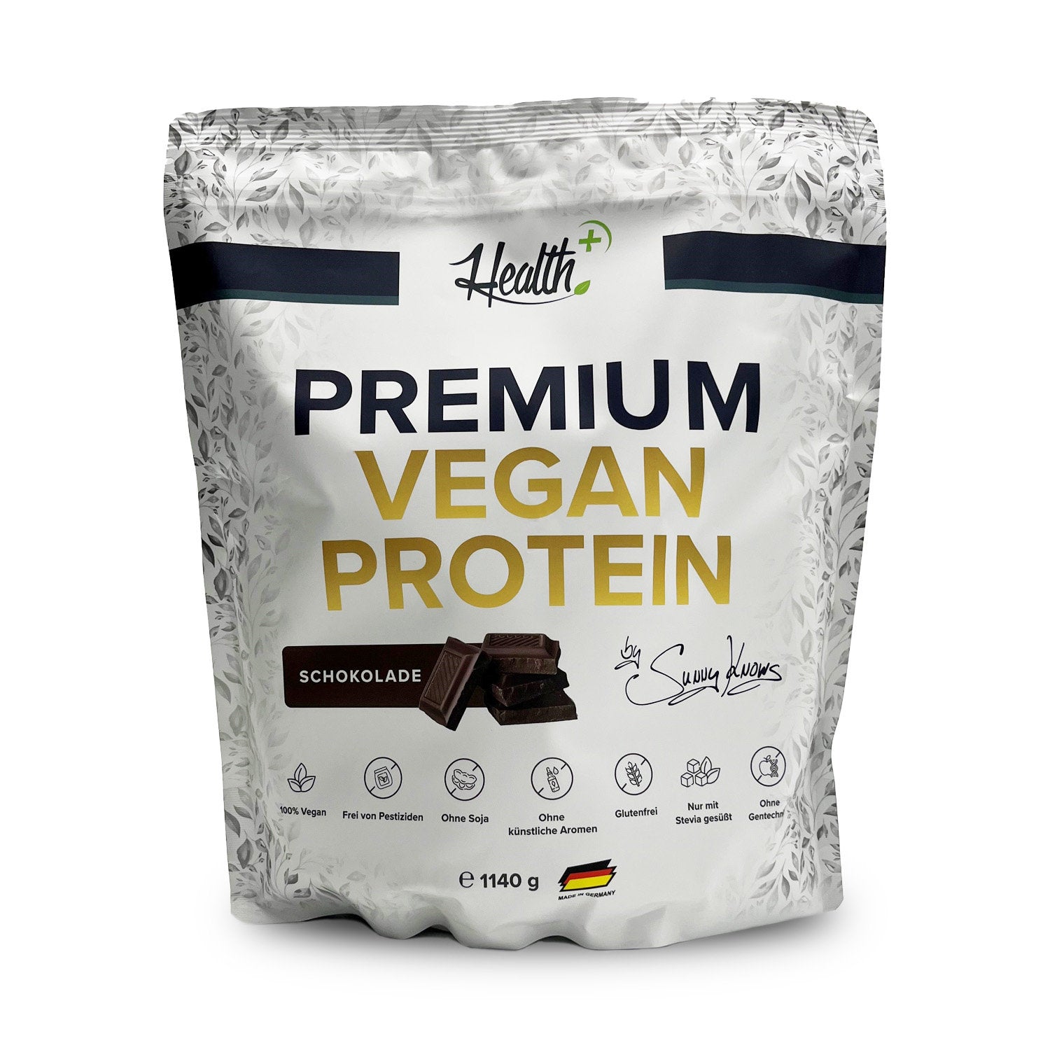 Healthplus Premium Vegan Protein Schokolade 1140g Proteinpulver Vorderseite weißer Standbeutel