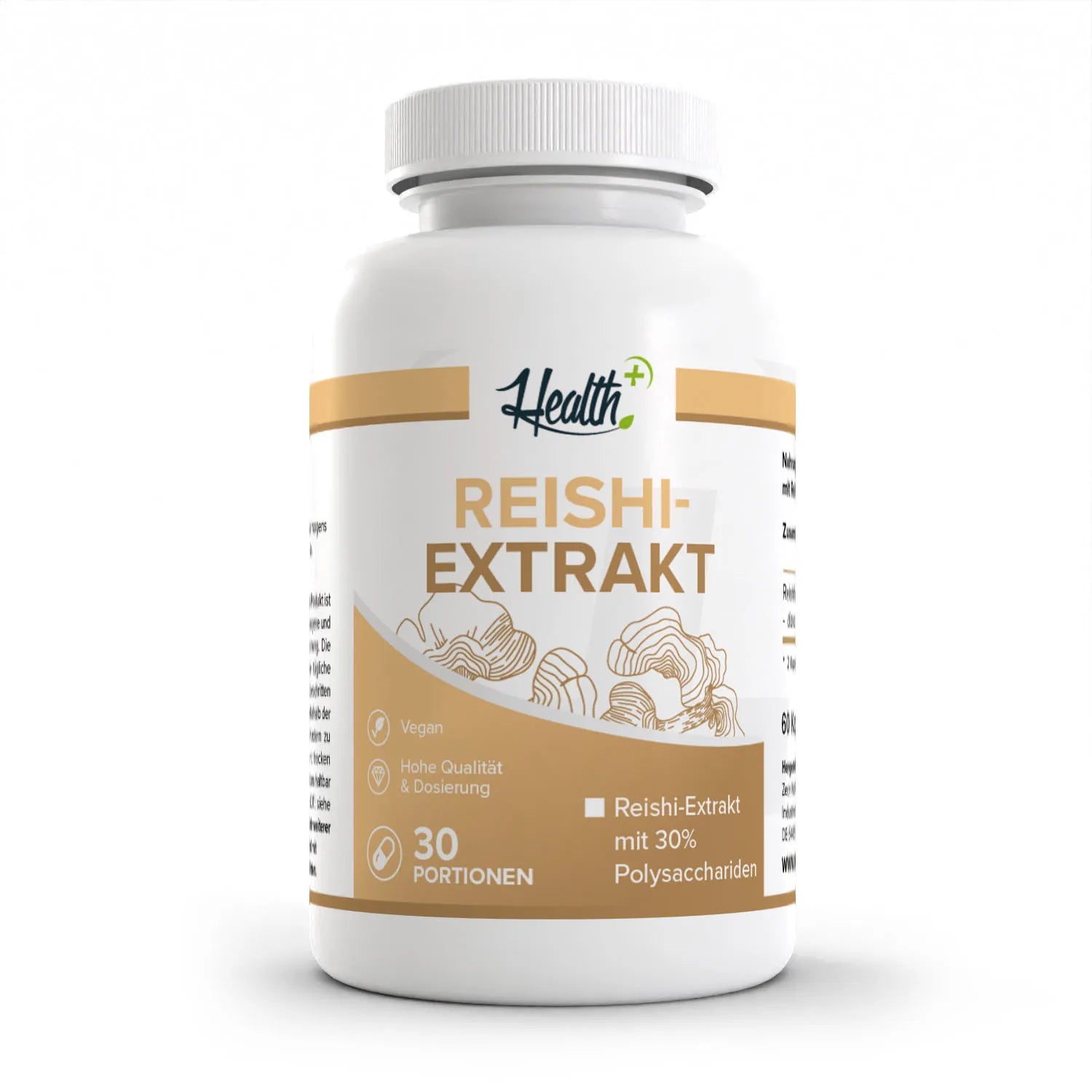 Healthplus Reishi Extrakt 60 Kapseln Vorderseite weiße Kunststoffdose