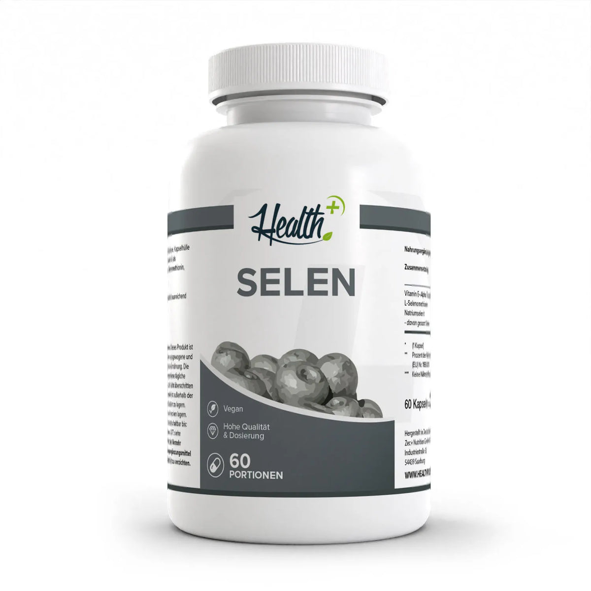 Healthplus Selen 60 Kapseln Vorderseite weiße Kunststoffdose