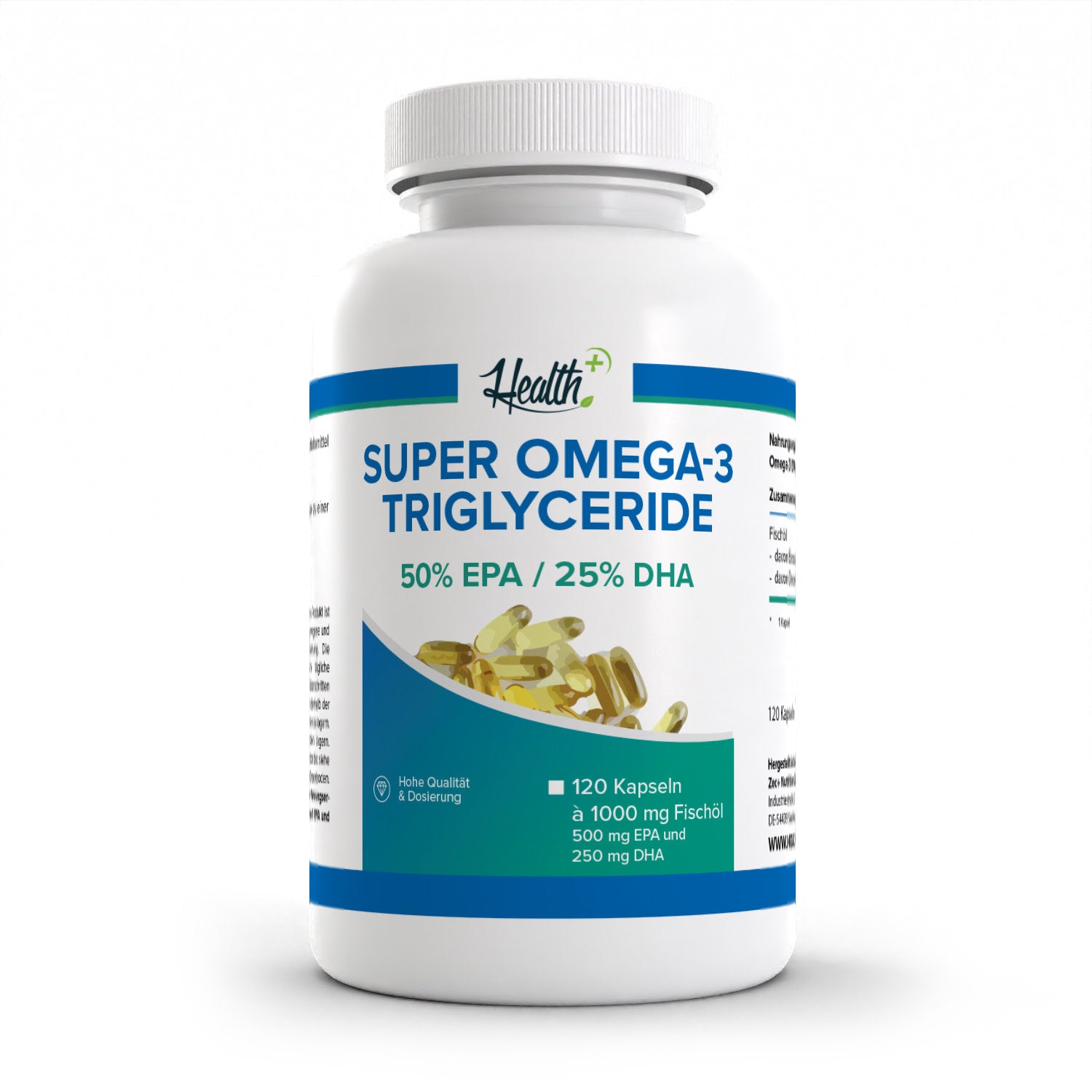 Healthplus Super Omega-3 Triglyceride EPA DHA 120 Kapseln Vorderseite weiße Kunststoffdose