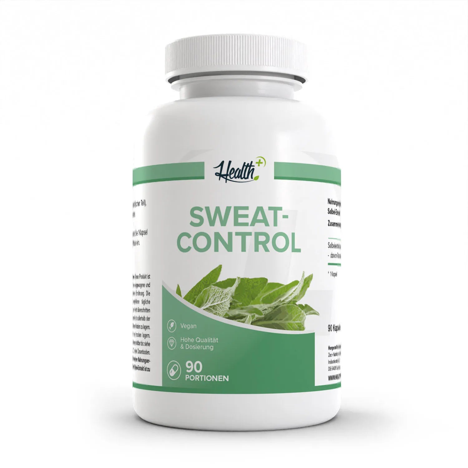 Healthplus Sweat Control Salbeiextrakt 90 Kapseln Vorderseite weiße Kunststoffdose