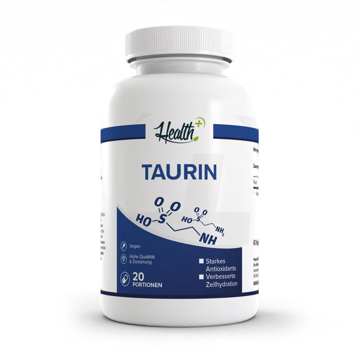 Healthplus Taurin 60 Kapseln Vorderseite weiße Kunststoffdose
