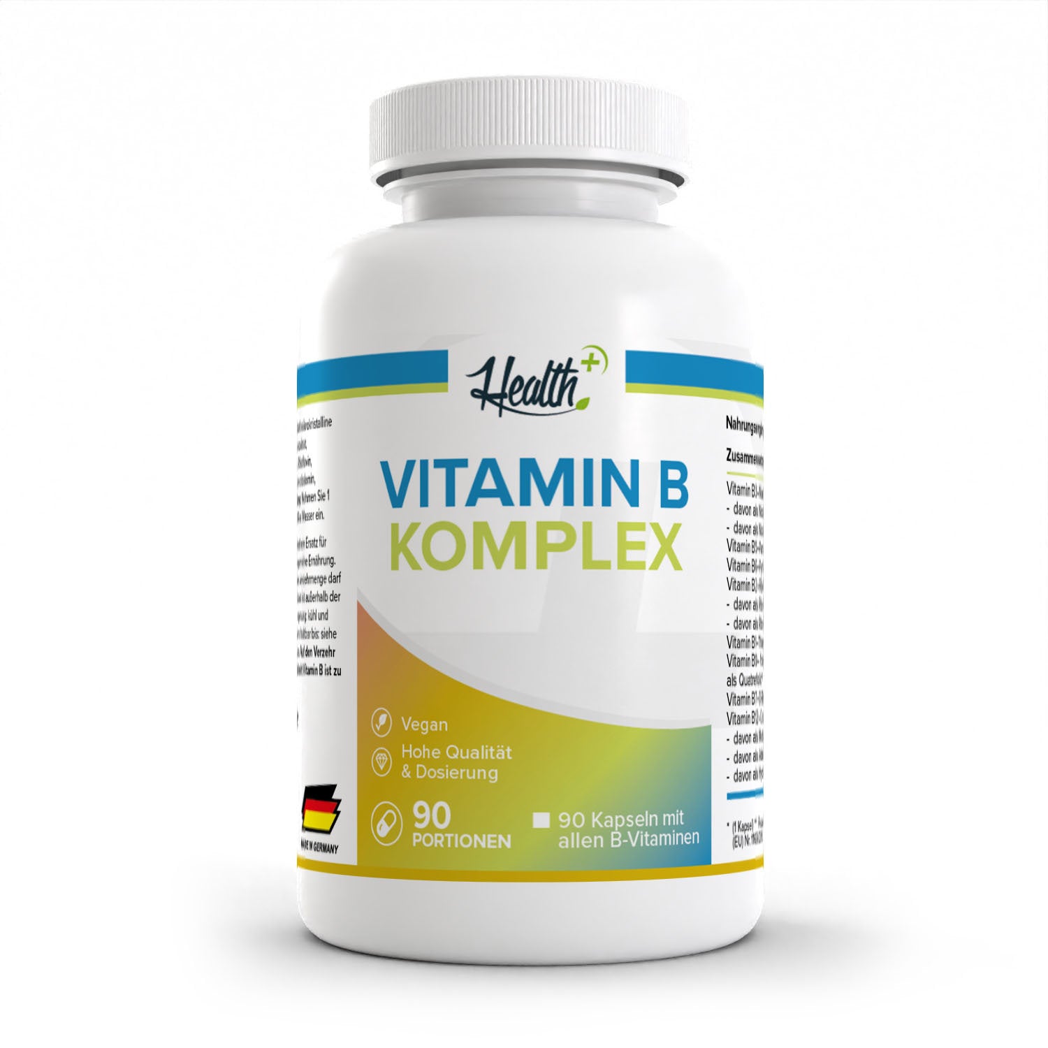 Healthplus Vitamin B Komplex 90 Kapseln Rückseite Zutaten und Verzehrempfehlung weiße Kunststoffdose