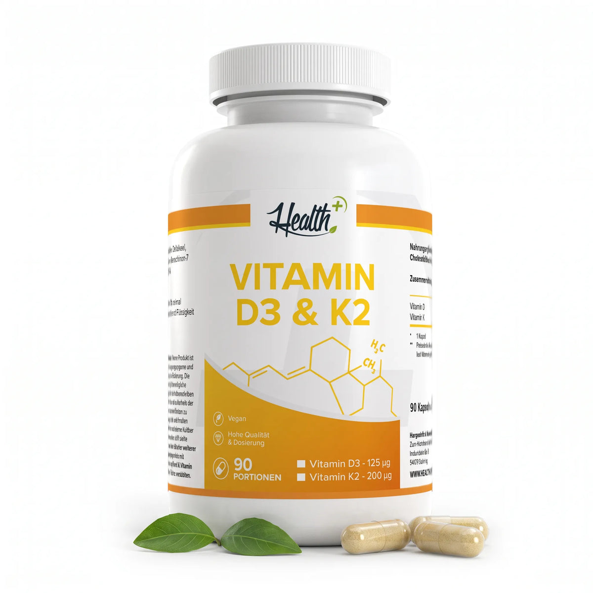 Healthplus Vitamin D3-K2 90 Kapseln Vorderseite weiße Kunststoffdose