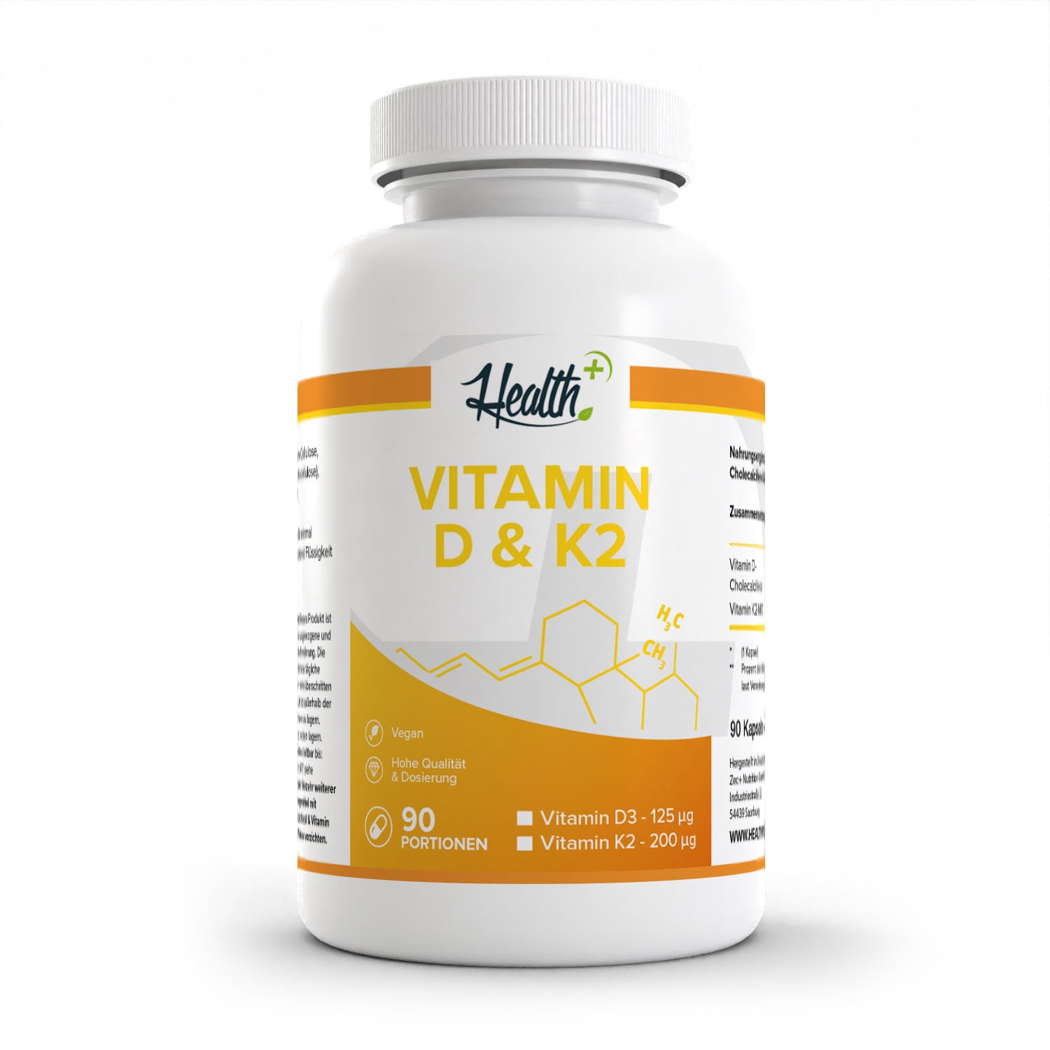Healthplus Vitamin D3-K2 90 Kapseln Vorderseite weiße Kunststoffdose