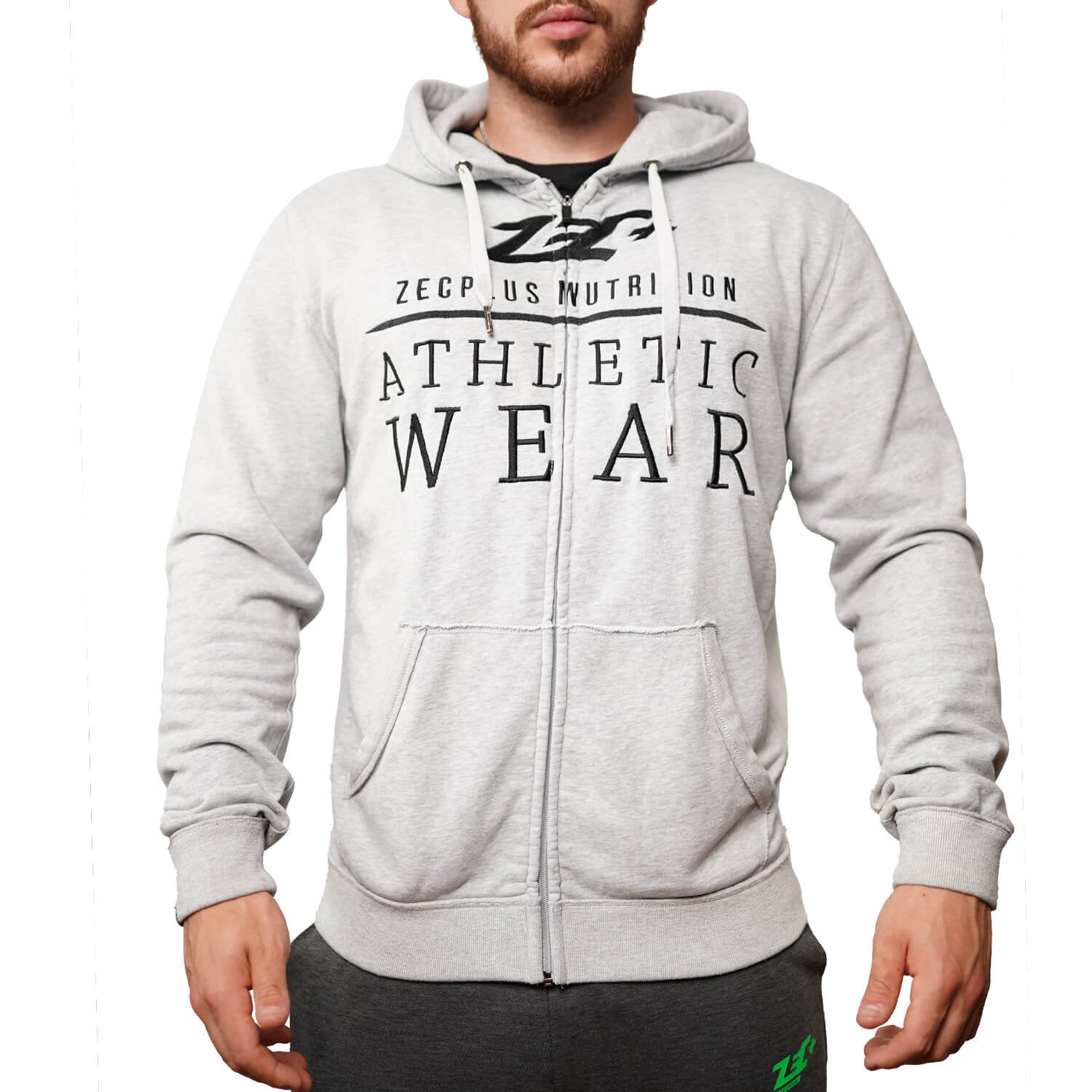 Grauer Zec+ Herren Zip-Hoodie Vorderseite mit Athletic Wear Aufdruck und Kapuze