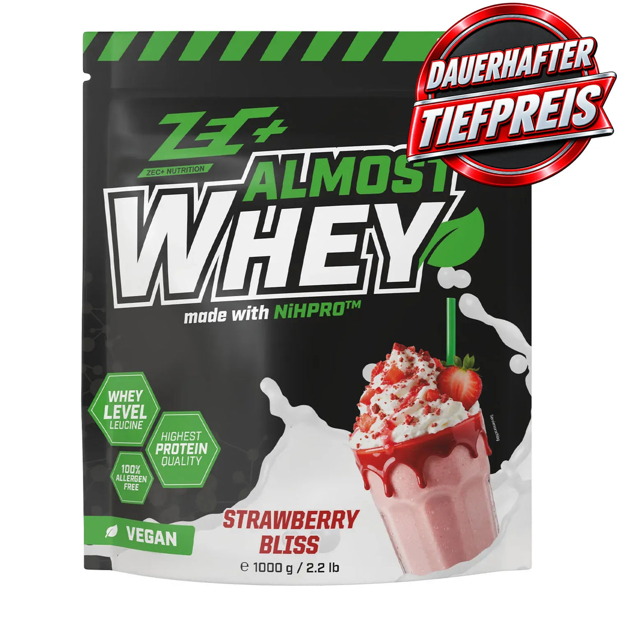Zecplus Almost Whey Erdbeere 1000g veganes Proteinpulver Frontansicht schwarzer Kunststoffbeutel