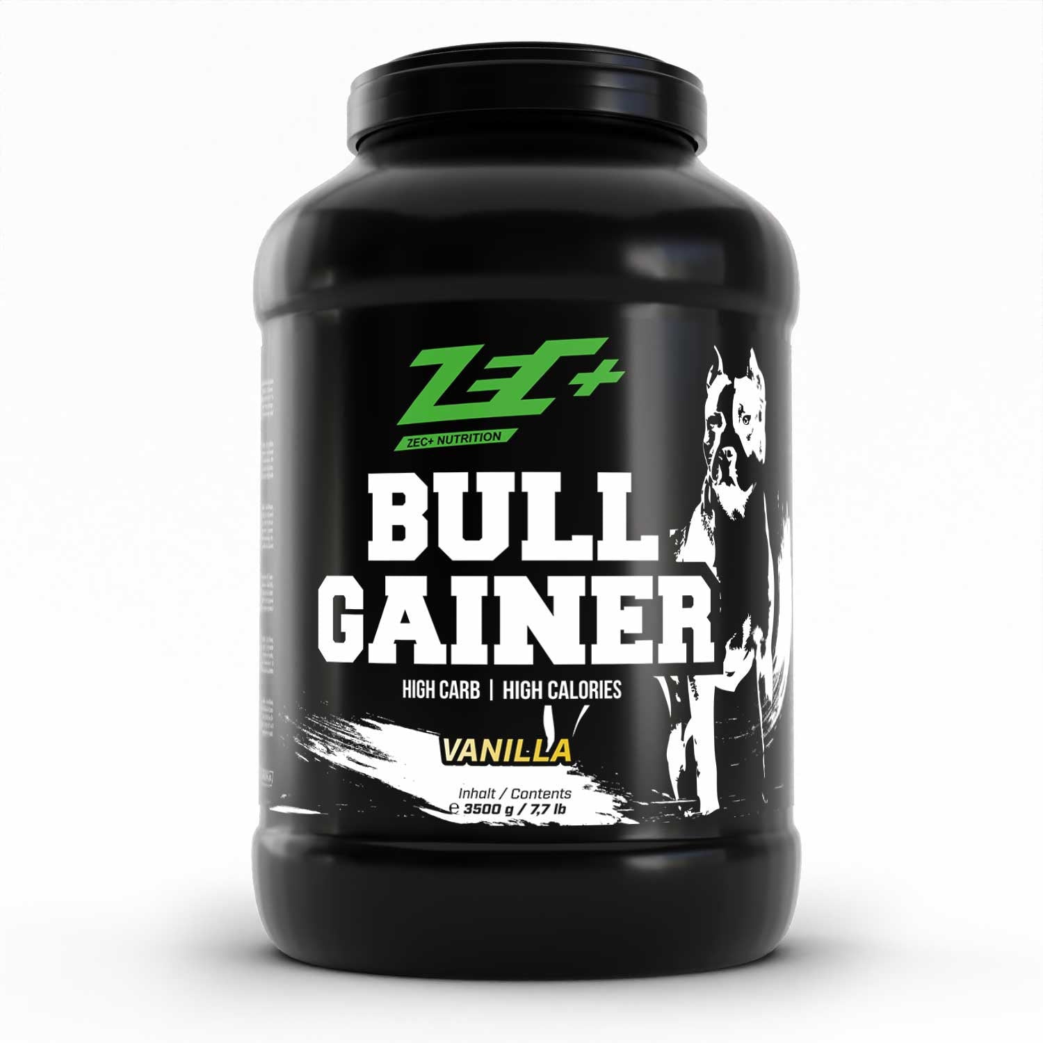 Zecplus Bullgainer Weightgainer 3500g Pulver Vanille Vorderseite schwarze Kunststoffdose