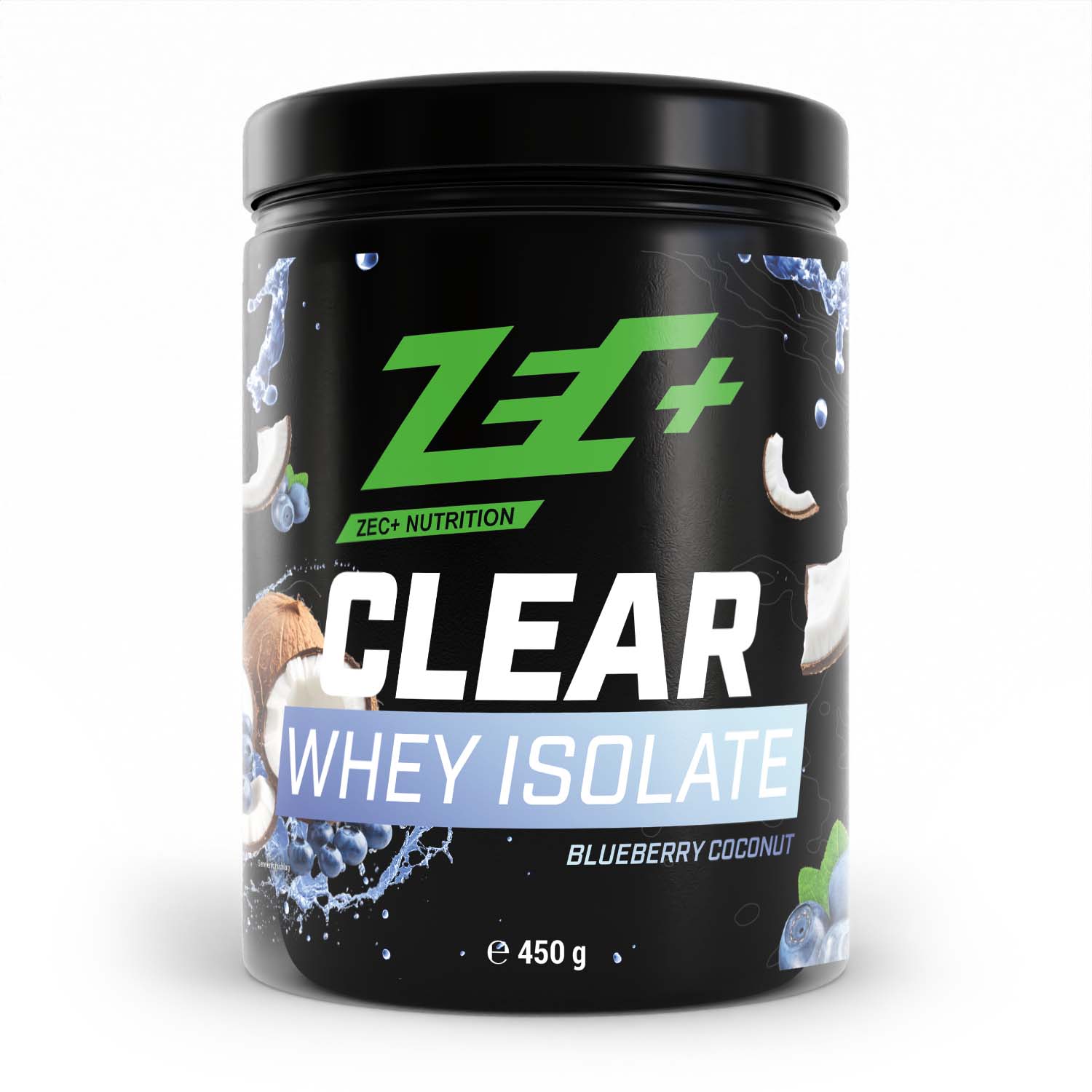 Zecplus Clear Whey Isolat Proteinpulver Blaubeere Kokos 450g Vorderseite schwarze Kunststoffdose