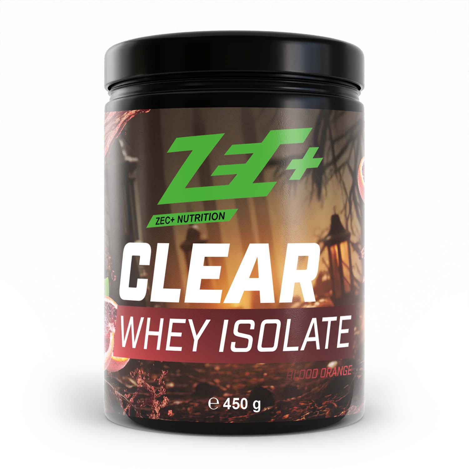 Zecplus Clear Whey Isolat Proteinpulver Blutorange 450g Vorderseite schwarze Kunststoffdose