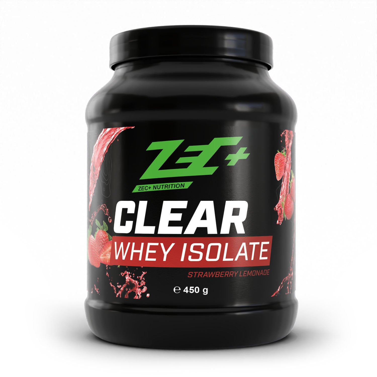 Zecplus Clear Whey Isolat Proteinpulver Erdbeerlimonade 450g Vorderseite schwarze Kunststoffdose