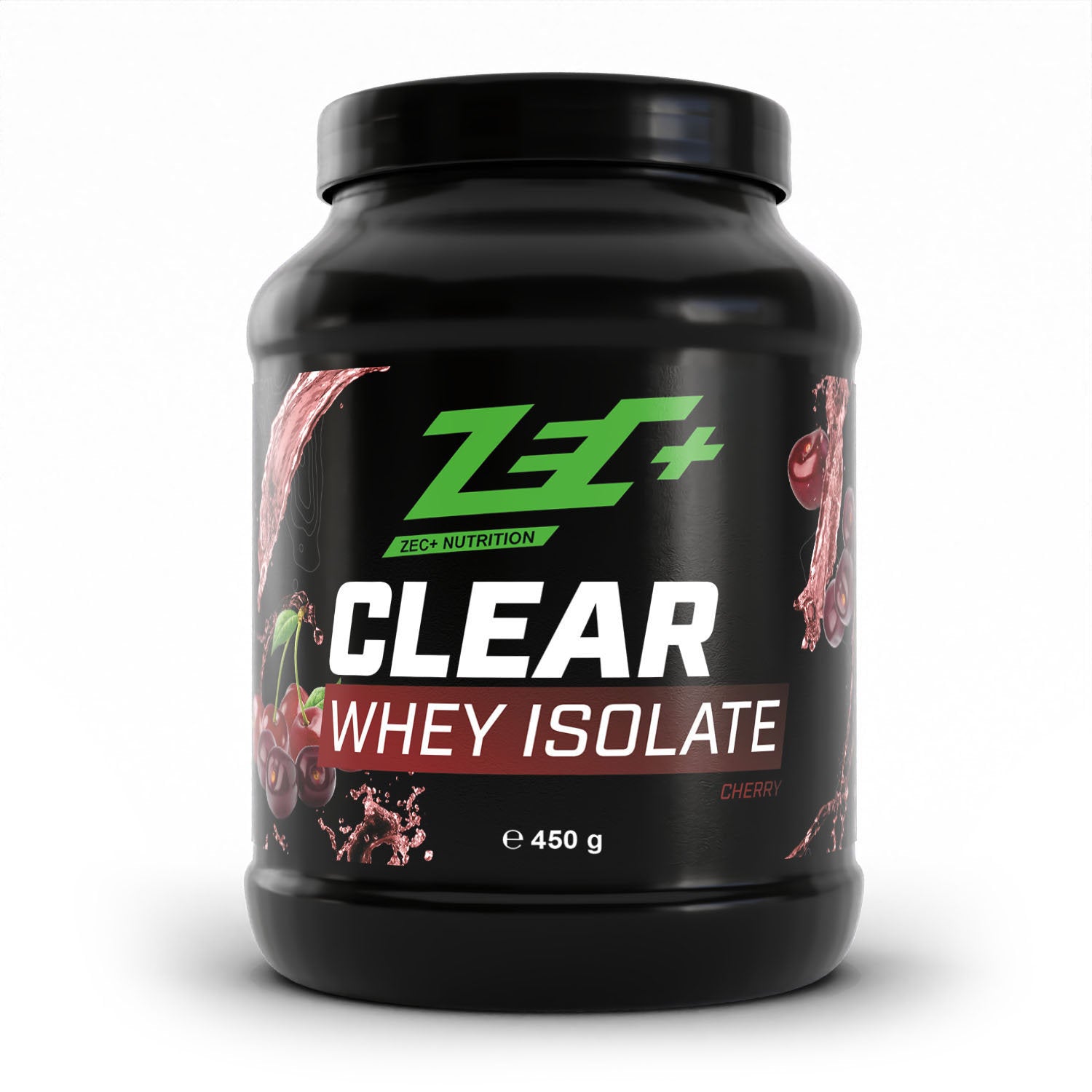 Zecplus Clear Whey Isolat Proteinpulver Kirsche 450g Vorderseite schwarze Kunststoffdose