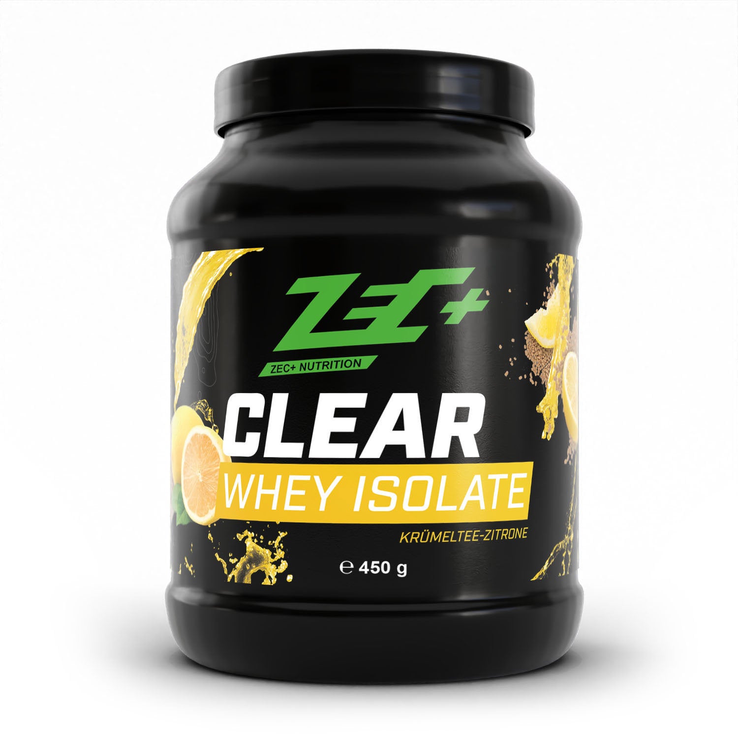 Zecplus Clear Whey Isolat Proteinpulver Krümeltee Zitrone 450g Vorderseite schwarze Kunststoffdose