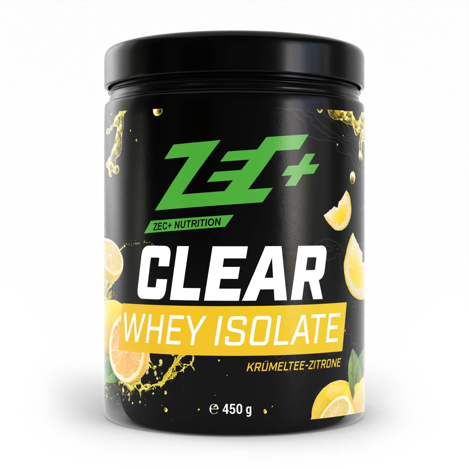 Zecplus Clear Whey Isolat Proteinpulver Krümeltee Zitrone 450g Vorderseite schwarze Kunststoffdose