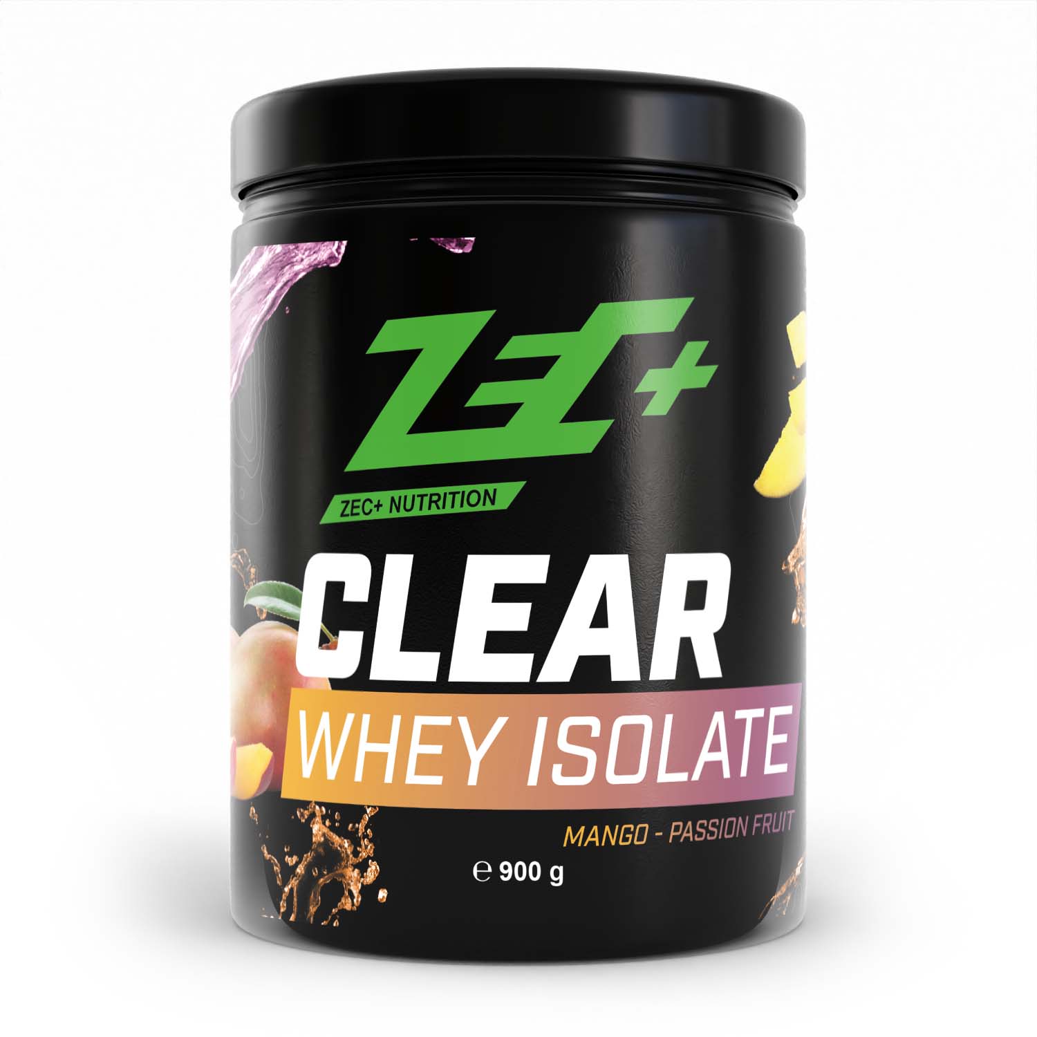Zecplus Clear Whey Isolat Proteinpulver Mango Passion Fruit 450g Vorderseite schwarze Kunststoffdose