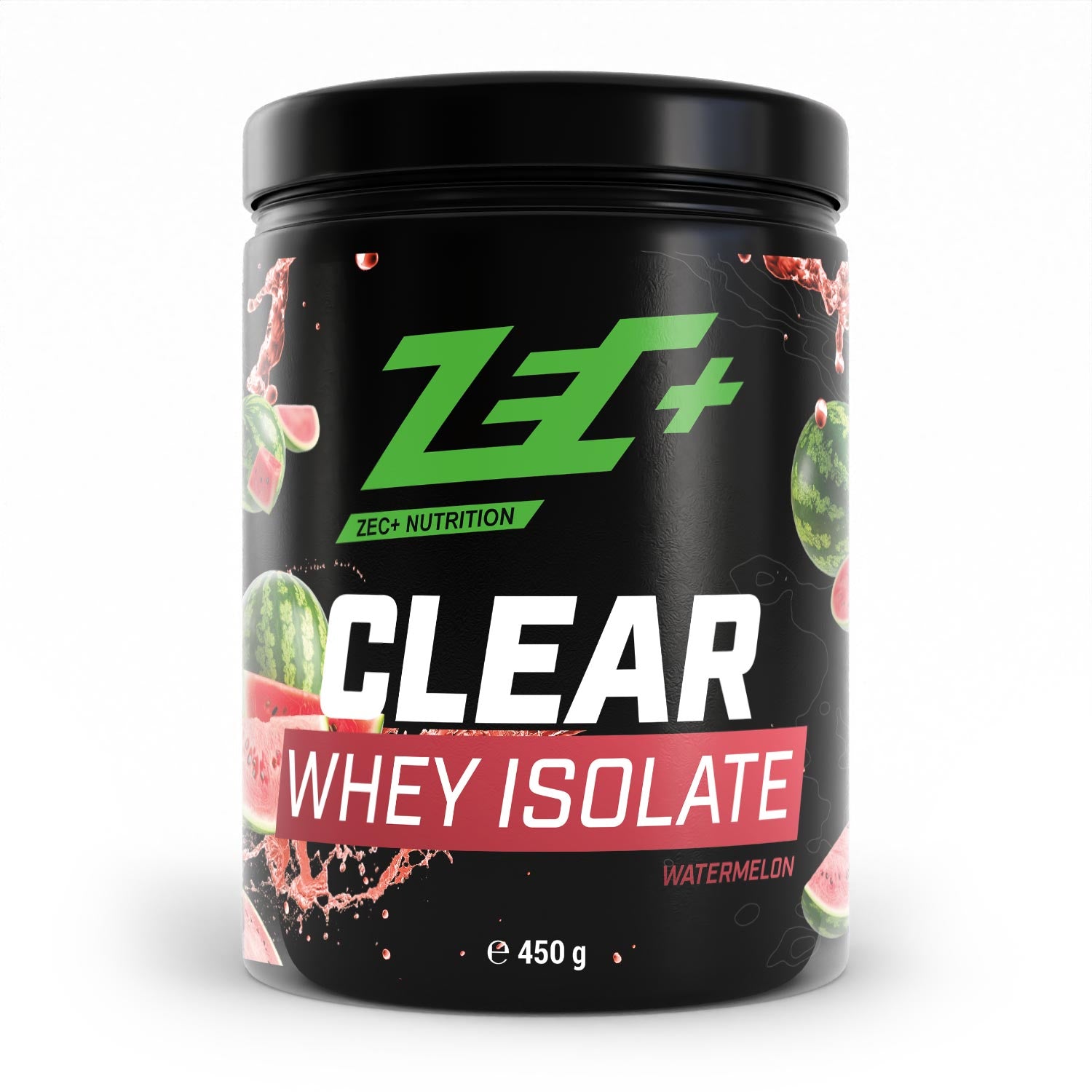 Zecplus Clear Whey Isolat Proteinpulver Wassermelone 450g Vorderseite schwarze Kunststoffdose