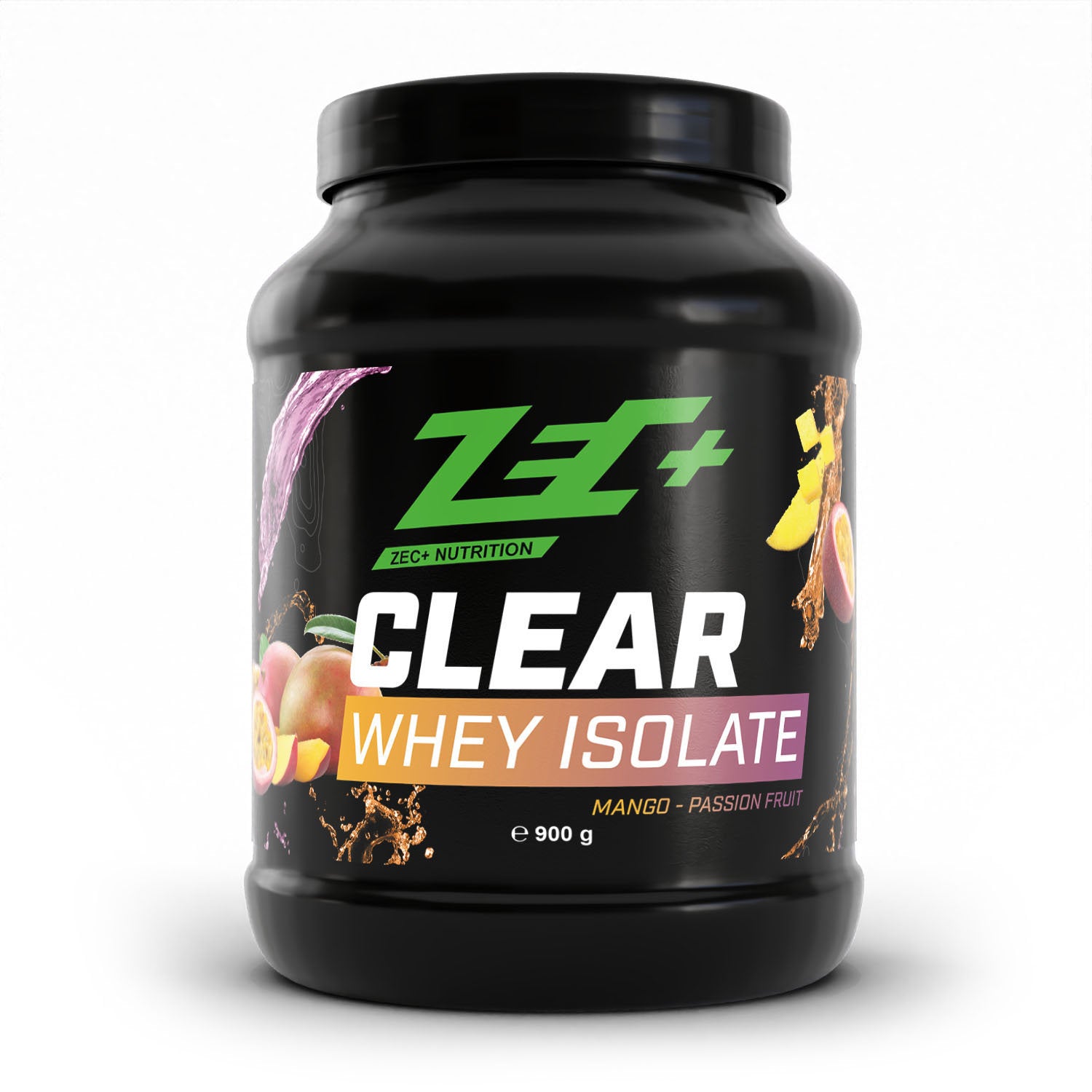 Zecplus Clear Whey Isolat Proteinpulver Mango Passion Fruit 900g Vorderseite schwarze Kunststoffdose
