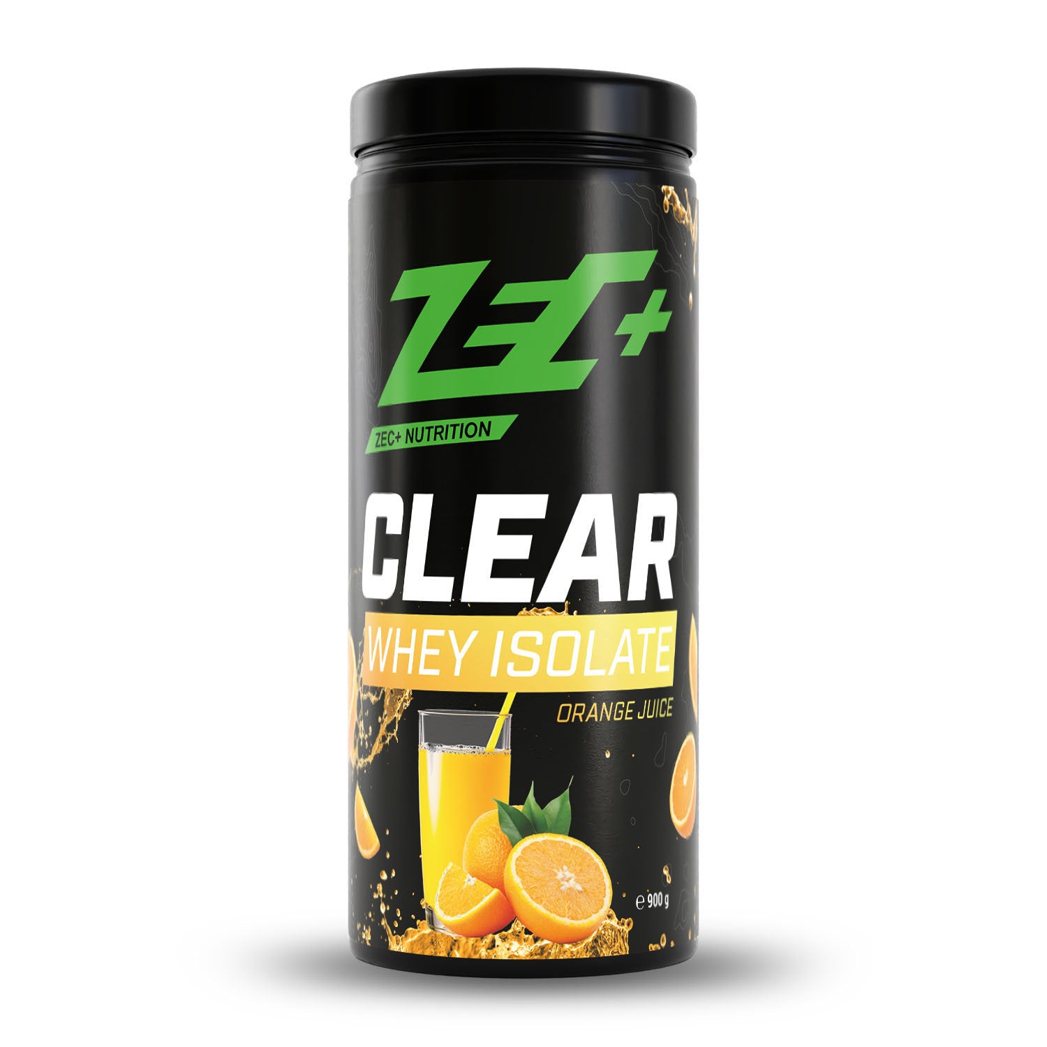 Zecplus Clear Whey Isolat Proteinpulver Orangensaft 900g Vorderseite schwarze Kunststoffdose