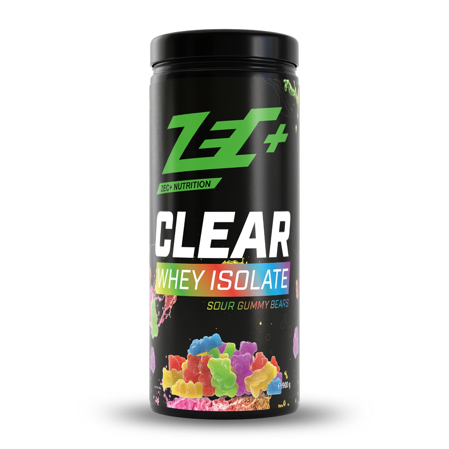 Zecplus Clear Whey Isolat Proteinpulver Saure Gummibärchen 900g Vorderseite schwarze Kunststoffdose