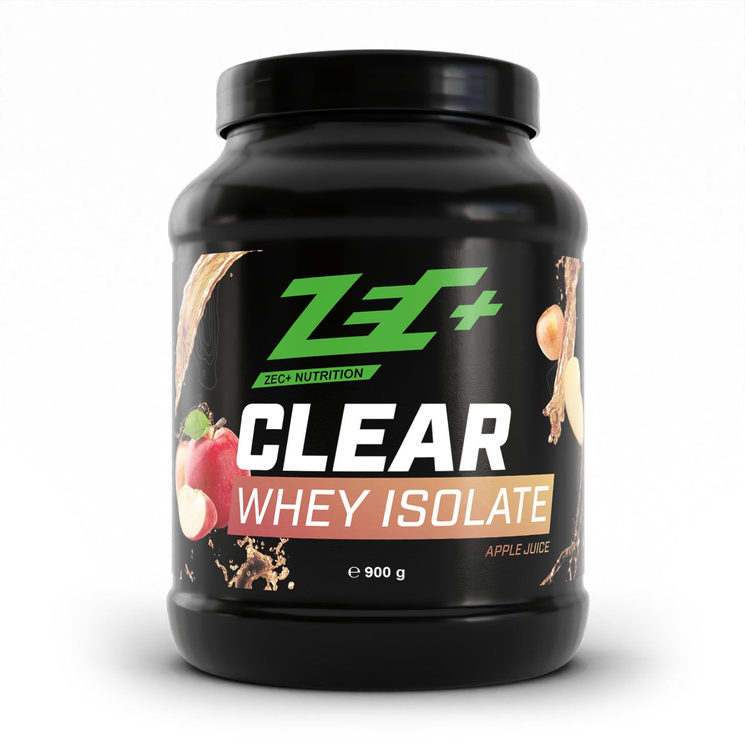 Zecplus Clear Whey Isolat Proteinpulver Süßer Apfel 900g Vorderseite schwarze Kunststoffdose