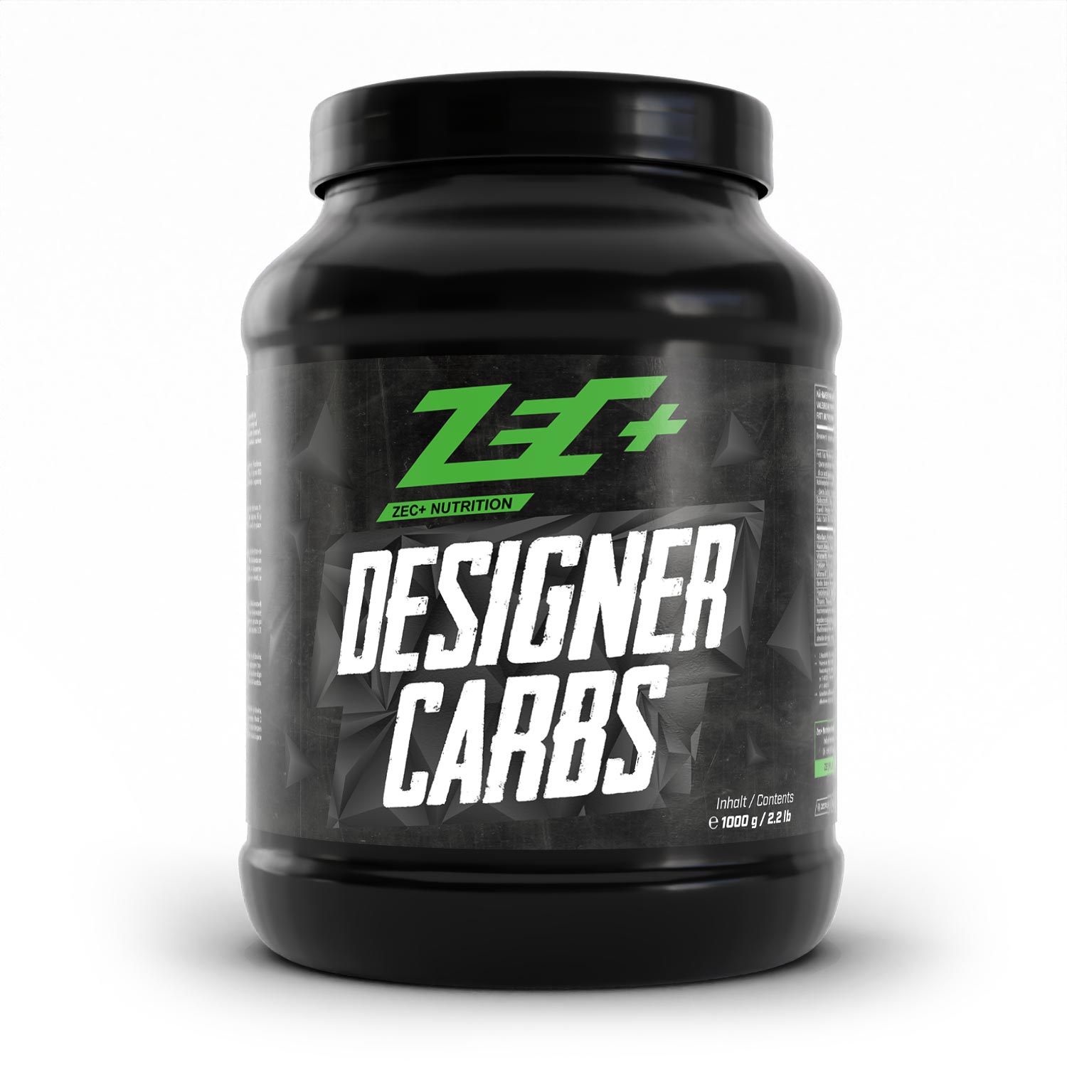 Zecplus Designer Carbs Kohlenhydrate Pulver 1000g Vorderseite schwarze Kunststoffdose