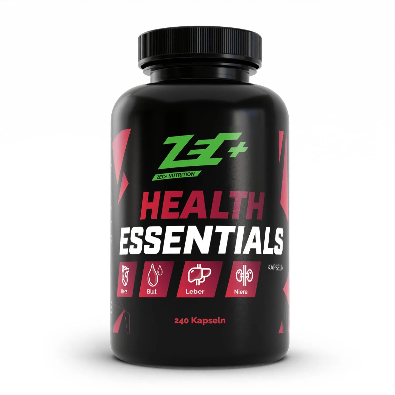 Zecplus Health Essentials 240 Kapseln Vorderseite schwarze Kunststoffdose