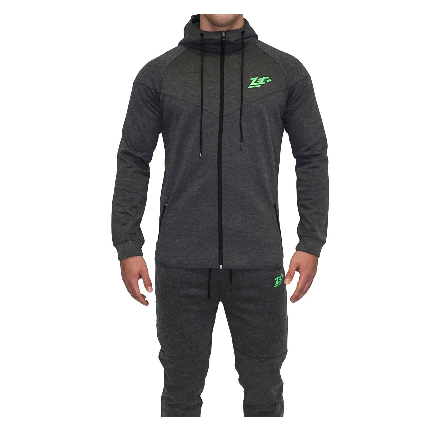 Dunkelgrauer Herren-Hoodie mit Zec+ Logo vorn, Reißverschluss und Kapuze, Vorderseite