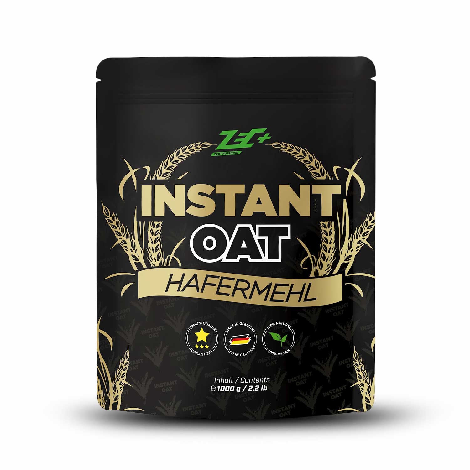 Zecplus Instant Oats instantisiertes Hafermehl 1000g Pulver Vorderseite schwarzer Standbeutel
