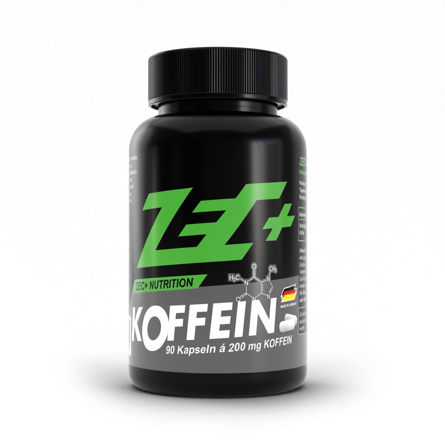Zecplus Koffein 90 Kapseln Vorderseite schwarze Kunststoffdose