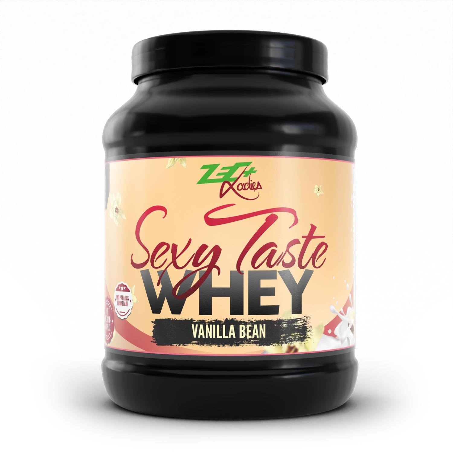 Zecplus Ladies Sexy Taste Whey Vanilla Bean 500g Proteinpulver Vorderseite schwarze Kunststoffdose