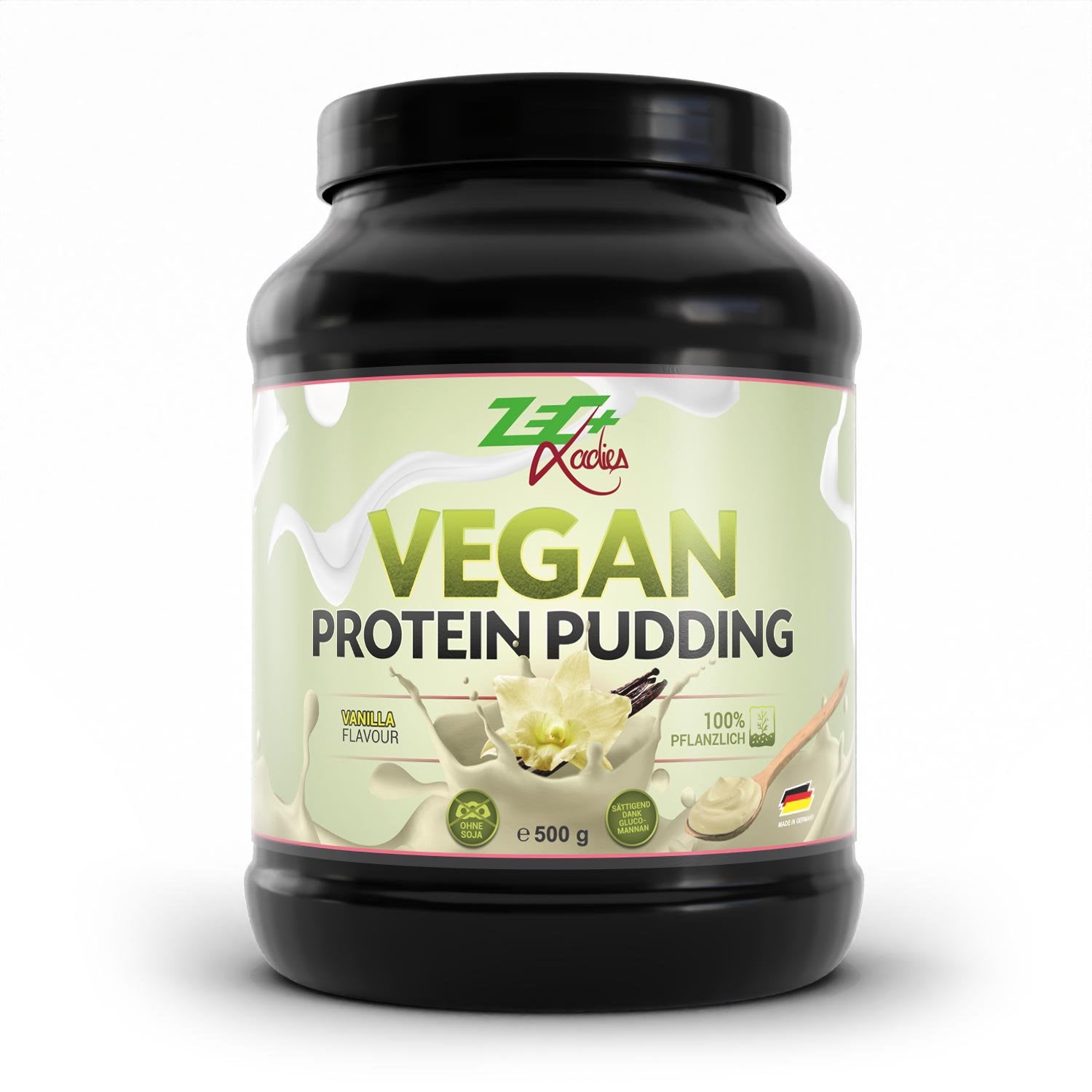Zecplus Ladies Vegan Proteinpudding Vanille 500g Pulver Vorderseite schwarze Kunststoffdose