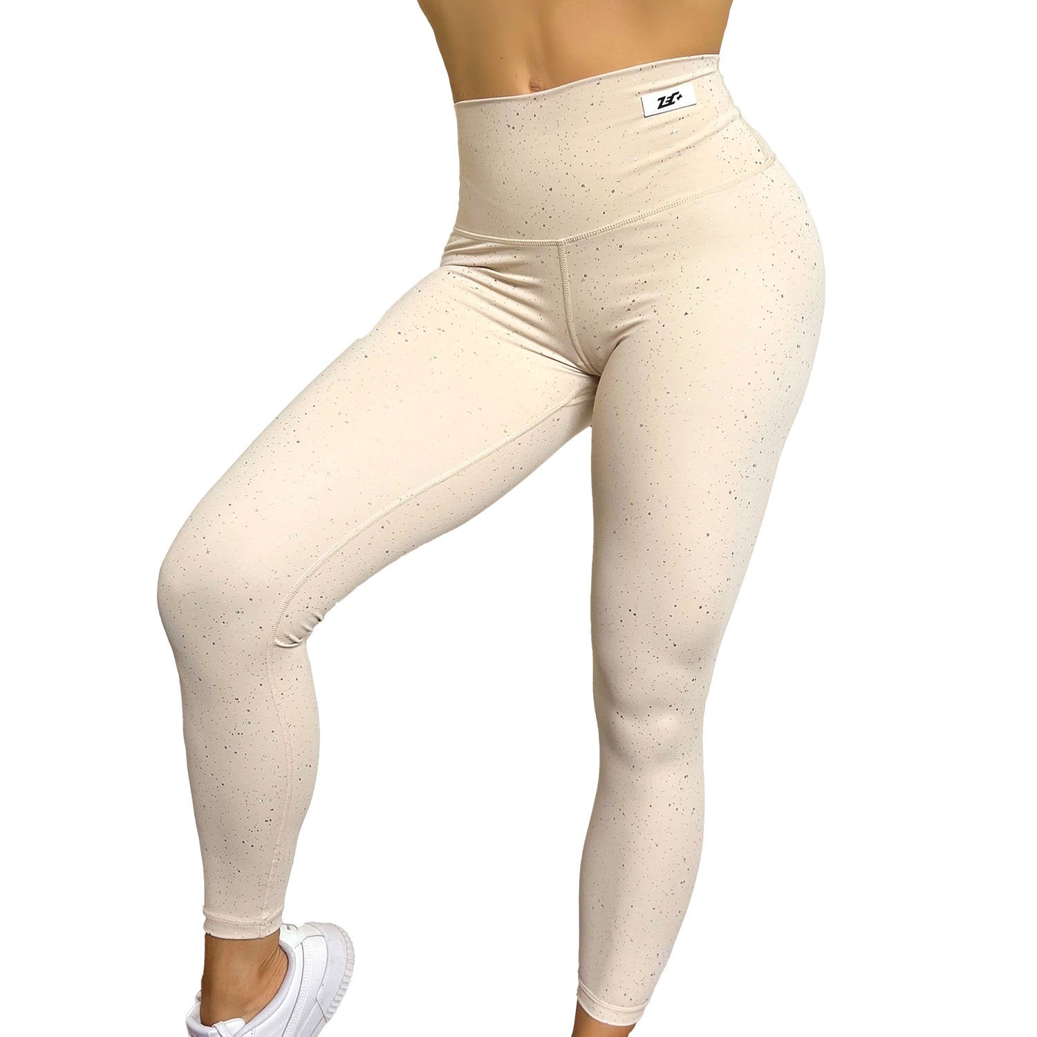 Zec+ Damen Leggings beige mit Glitzer, Vorderseite, hoher Bund