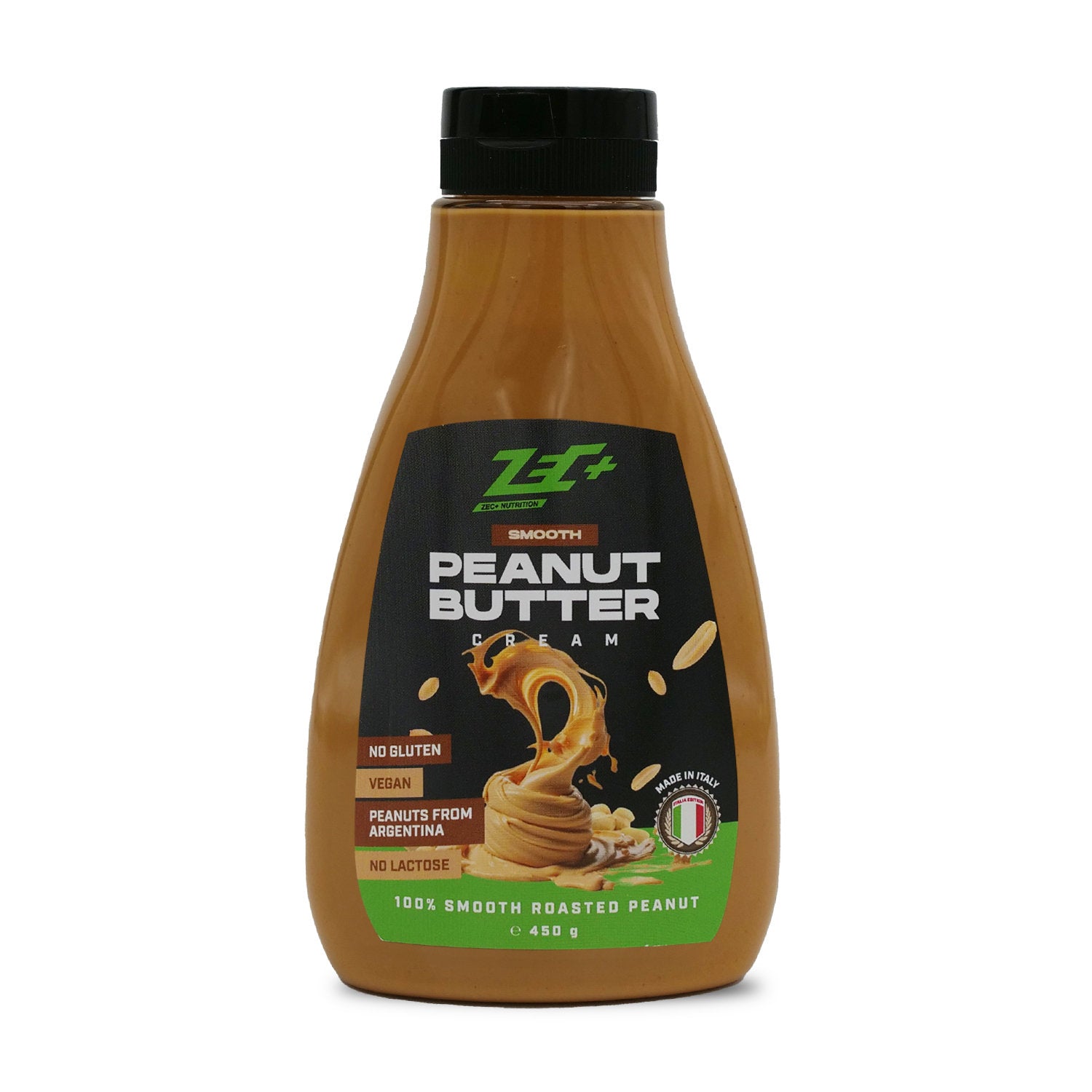 Zecplus Peanut Butter Smooth Erdnussbutter 450g Vorderseite transparente Dosierflasche
