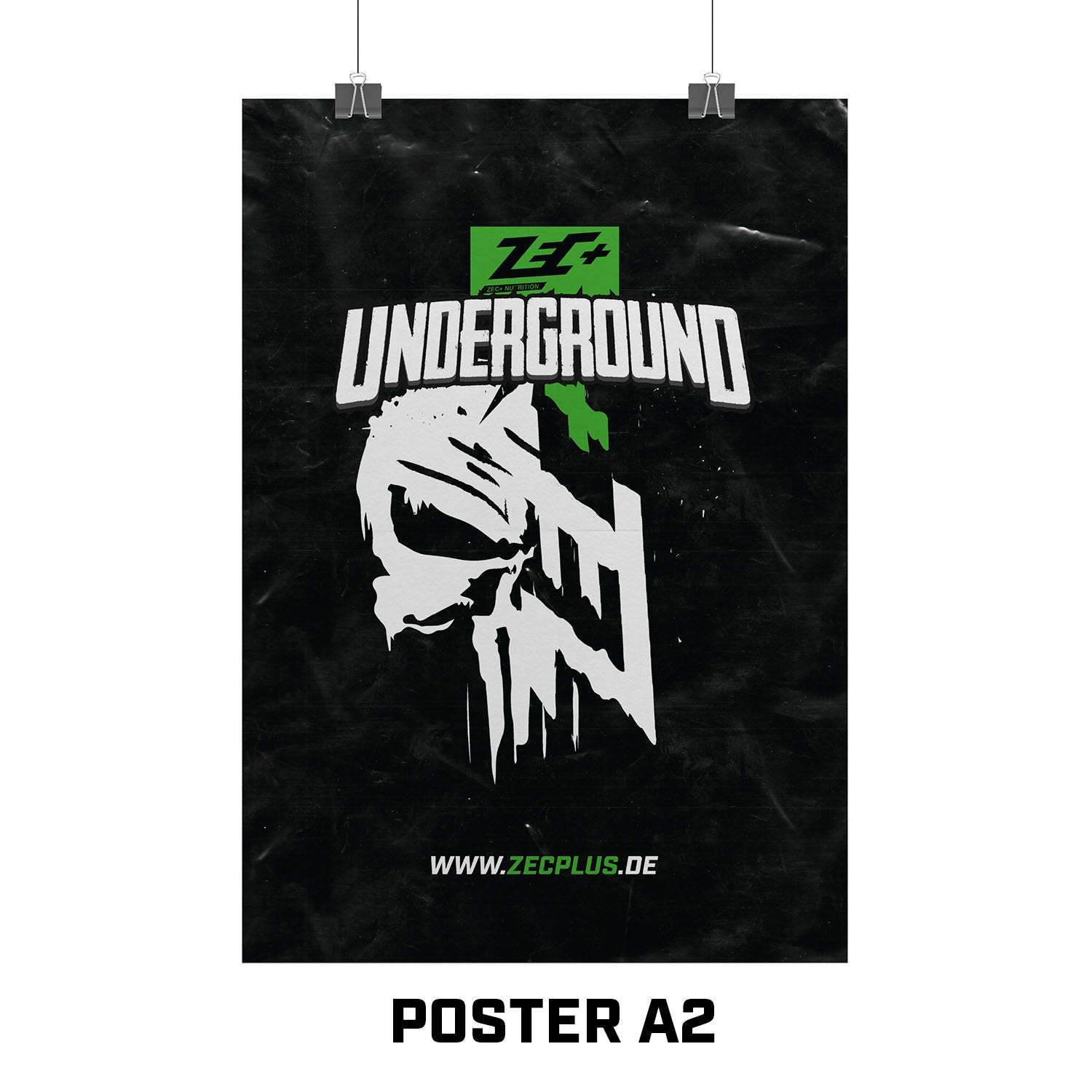 Zec+ Poster DIN A2 mit Underground Aufdruck und weißem Totenkopf-Design auf schwarzem Hintergrund